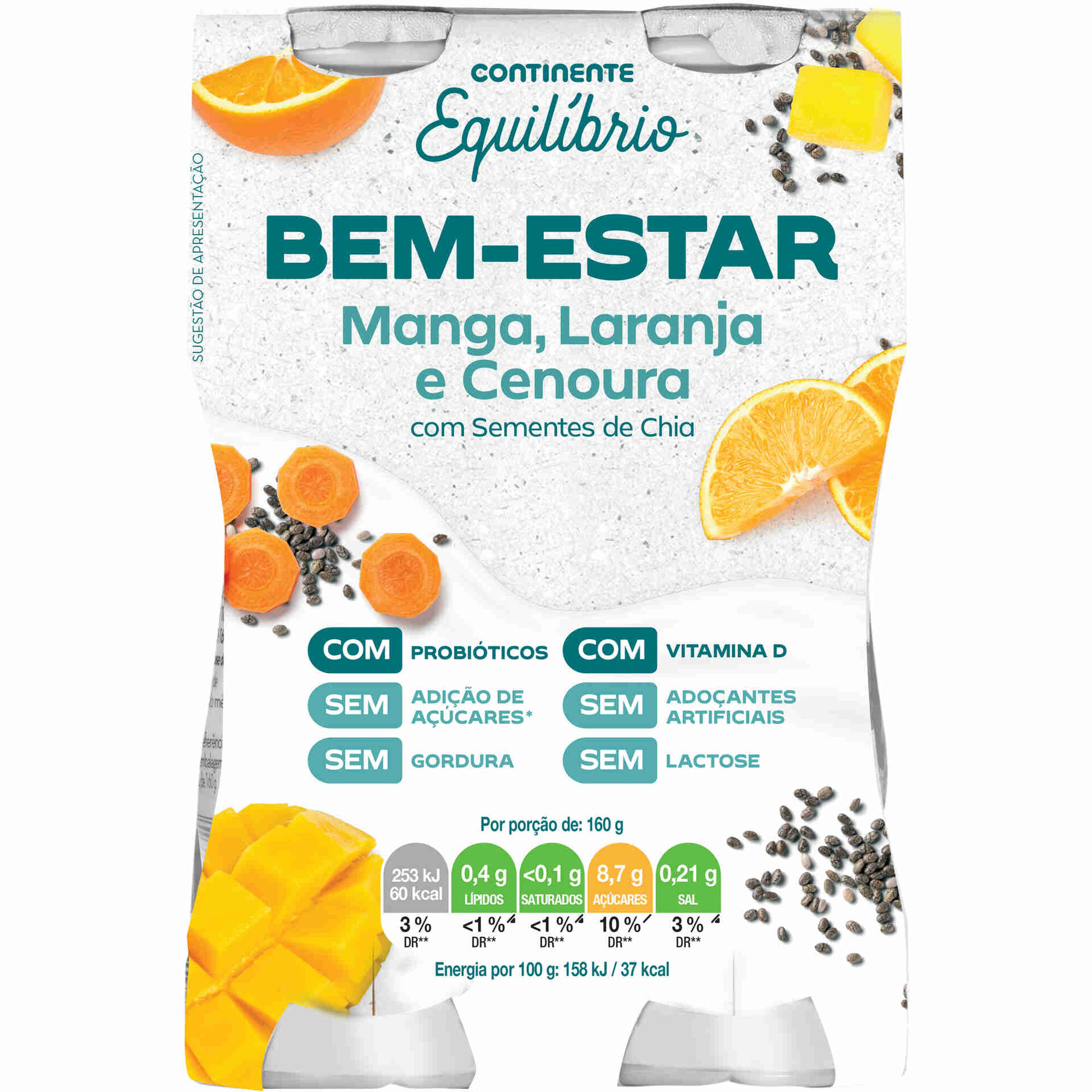 Iogurte L&iacute;quido Bem-Estar Manga, Laranja e Cenoura sem Lactose Continente Equil&iacute;brio