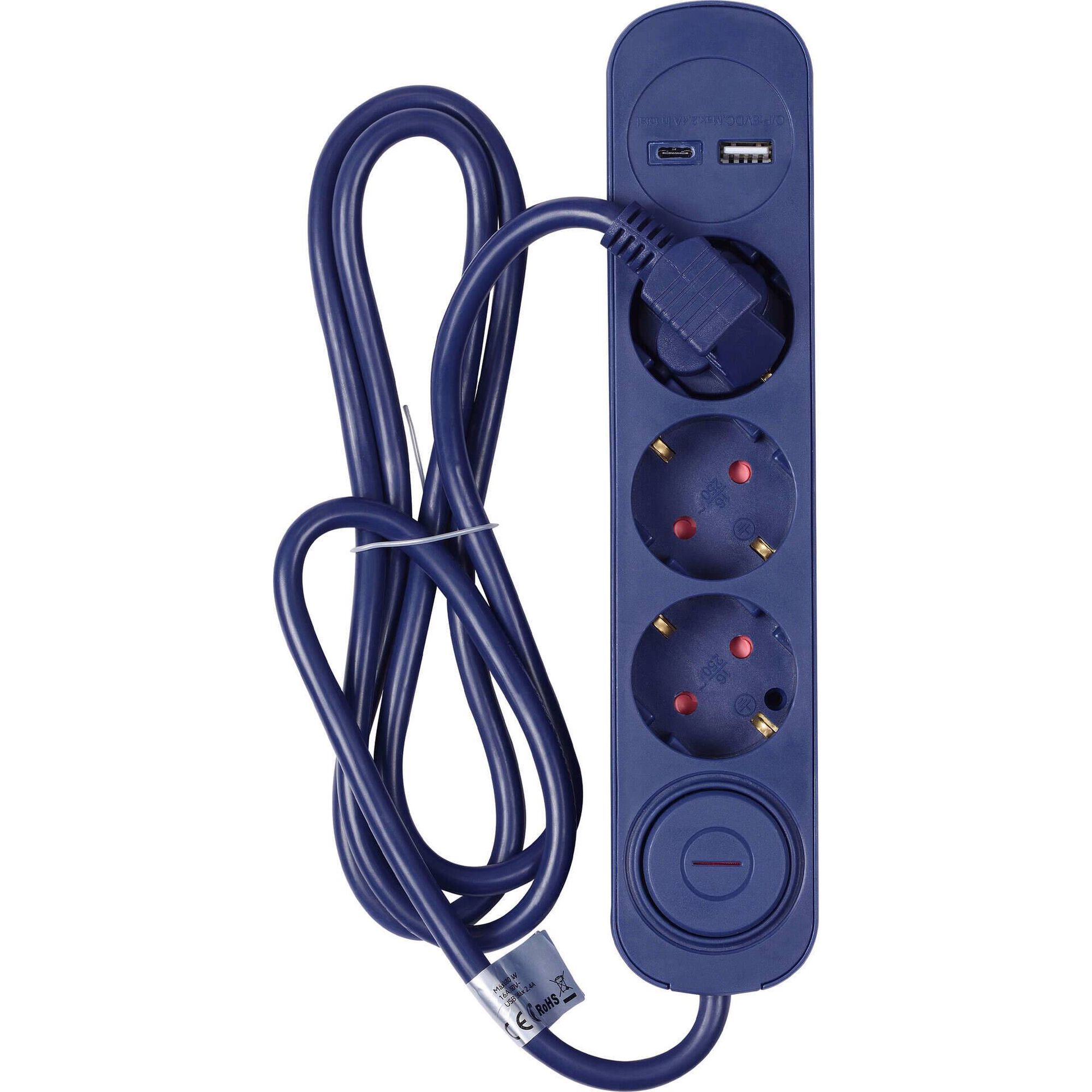 Bloco de 3 Tomadas com Interruptor USB e USB-C 1,5 m Ganga Marshmallow