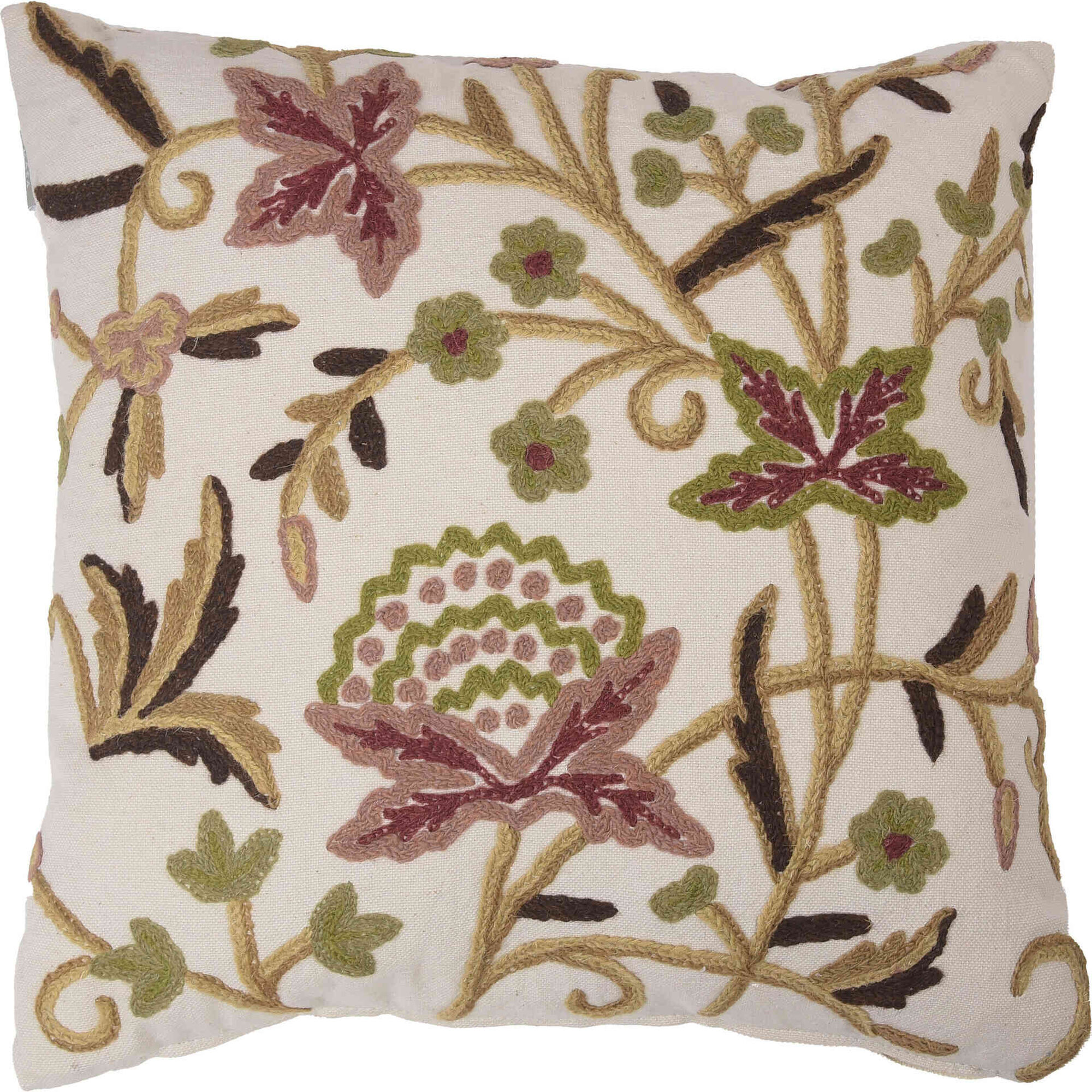 Almofada 45x45cm Bordada Flores Rosa e Verde