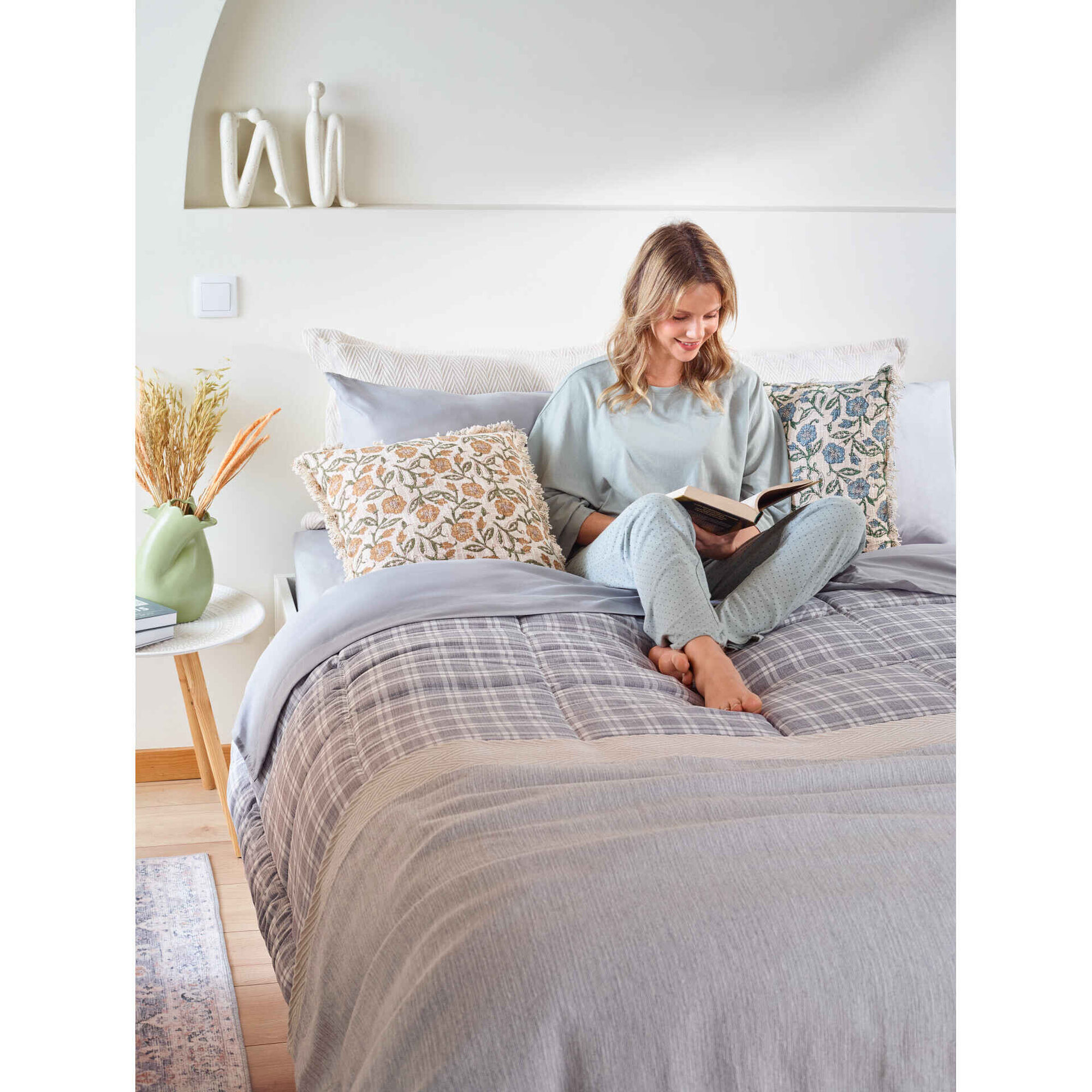 Edred&atilde;o Xadrez 220x240cm Washed Cinza Kasa