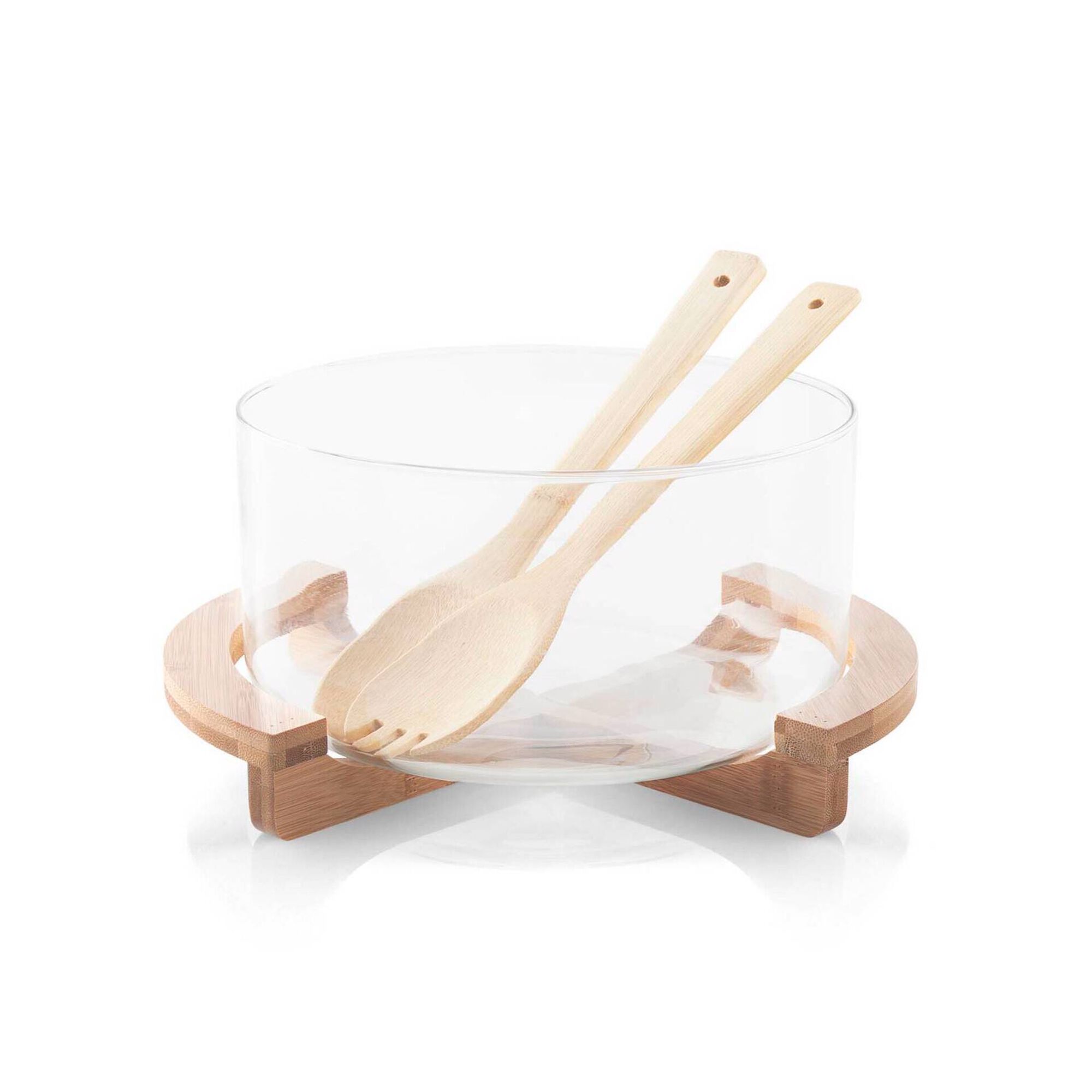 Conjunto Saladeira Vidro 22cm com Suporte e Talheres Bambu Conjunto Saladeira Vidro 22cm com Suporte e Talheres Bambu