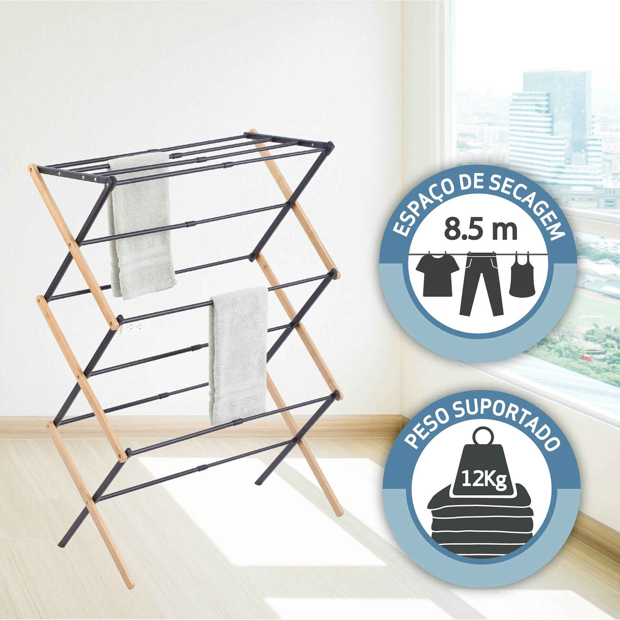 Estendal Extens&iacute;vel Ch&atilde;o Torre Bambu 8,5m Kasa