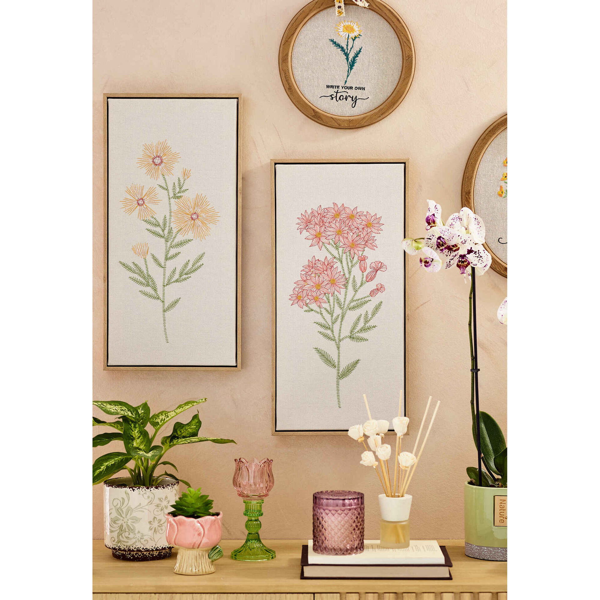 Quadro Decor 50x25cm Bordado Flores Rosa