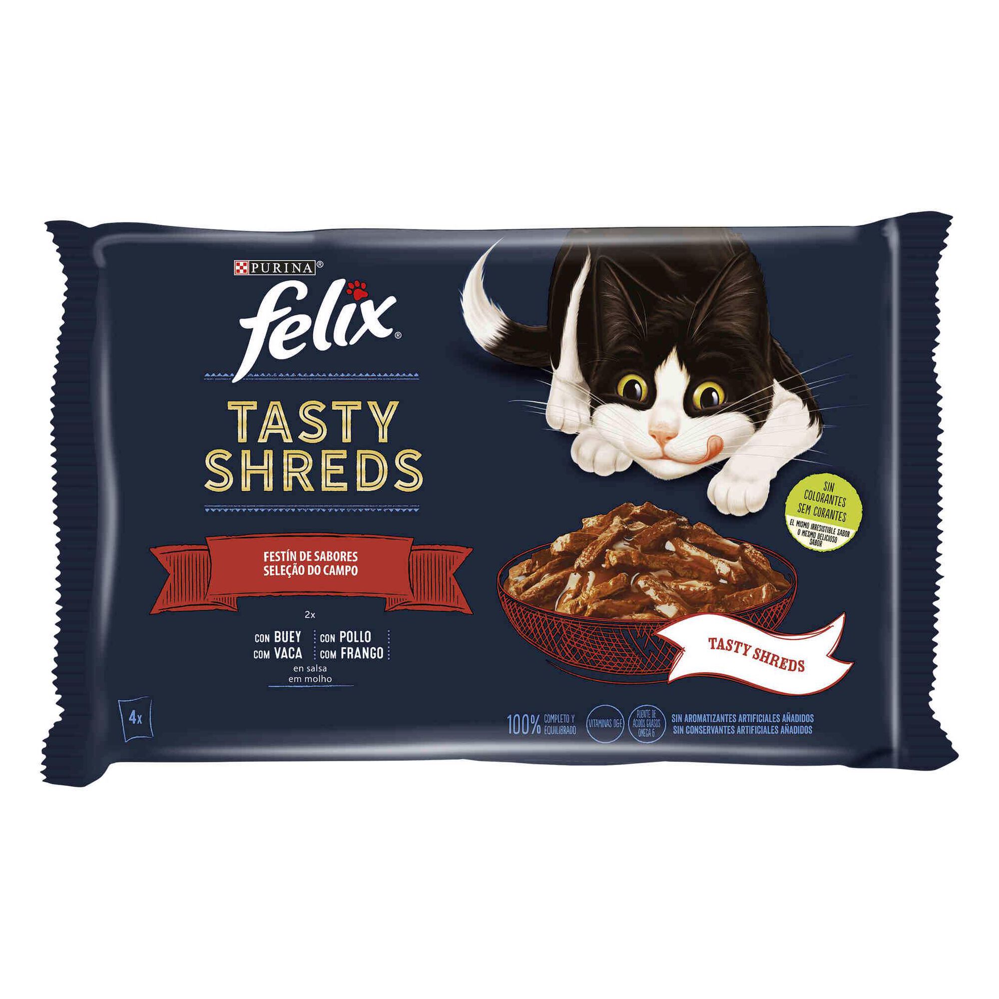 Comida Húmida para Gato Tasty Shreds Seleção do Campo Vaca e Frango
