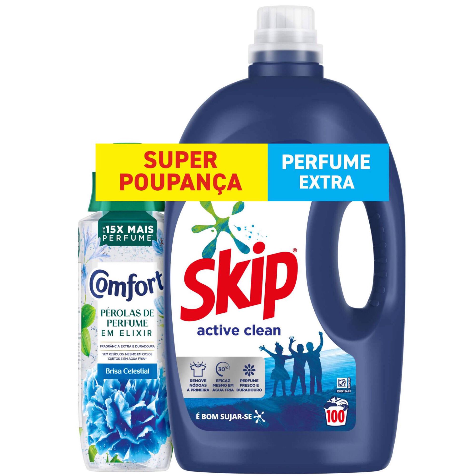 Conjunto Detergente Roupa Active Clean Skip e Intensificador de Perfume Comfort + Skip