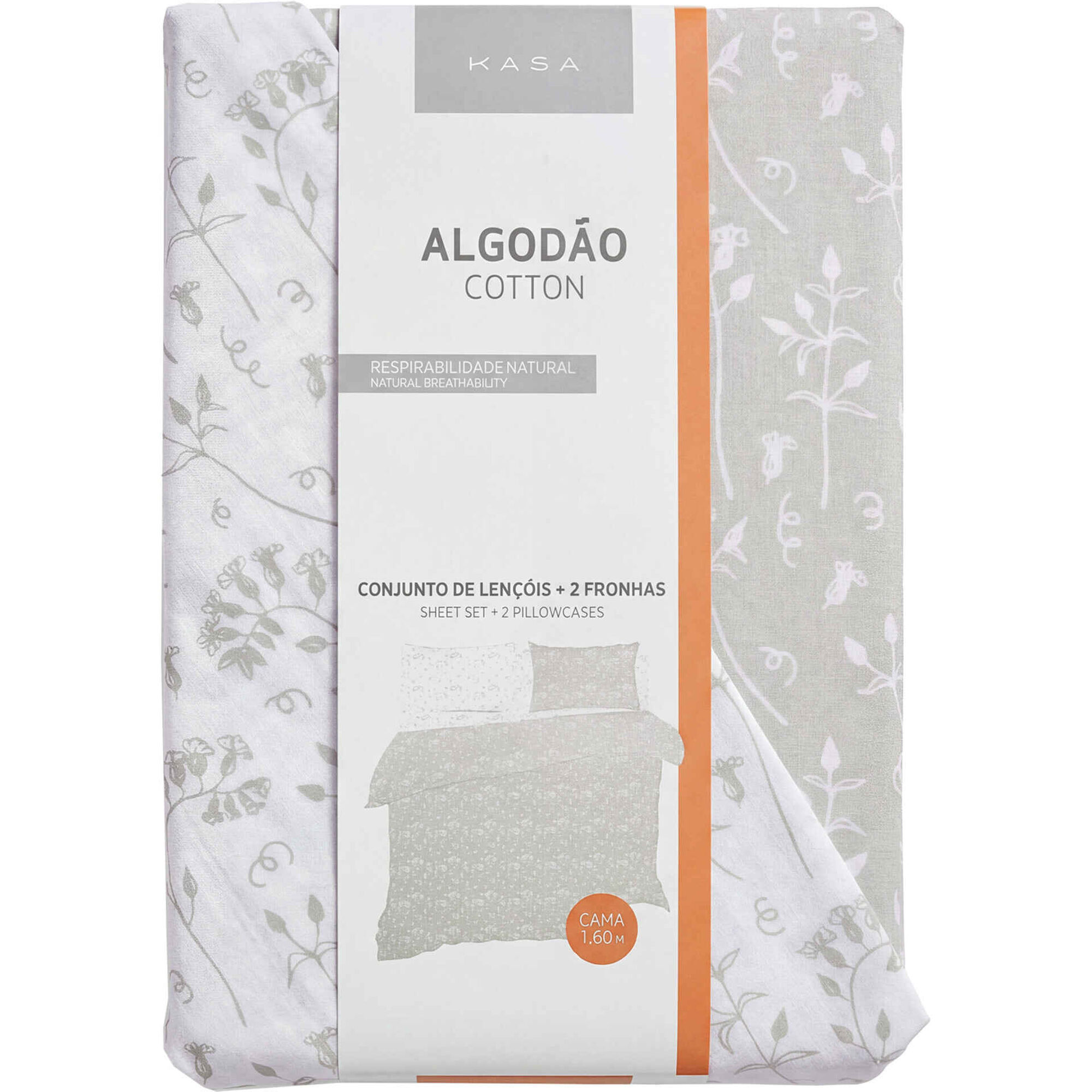 Conjunto Len&ccedil;&oacute;is Algod&atilde;o Flores Bege e Verde Kasa