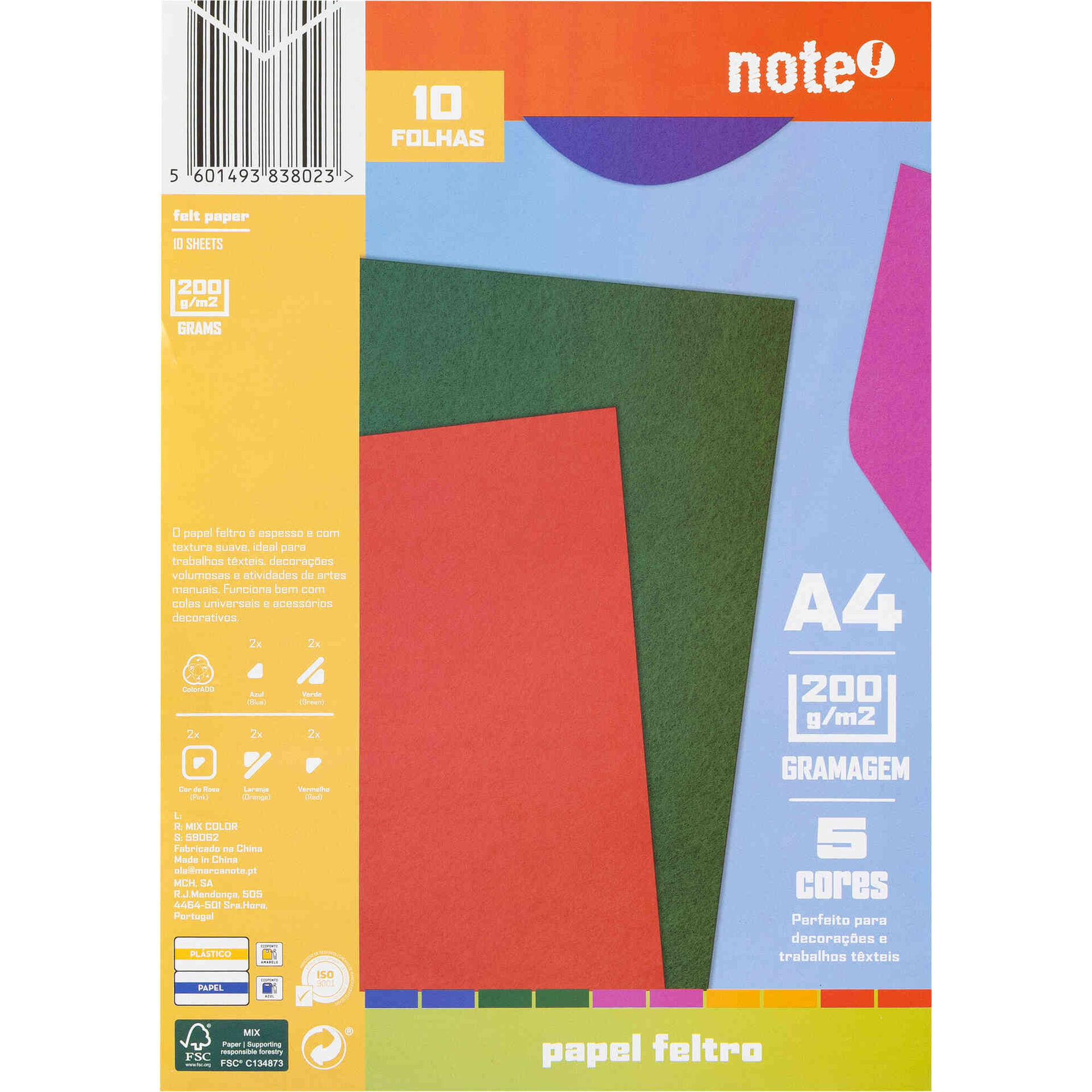 Papel Feltro A4 10 Folhas Multicor Note!