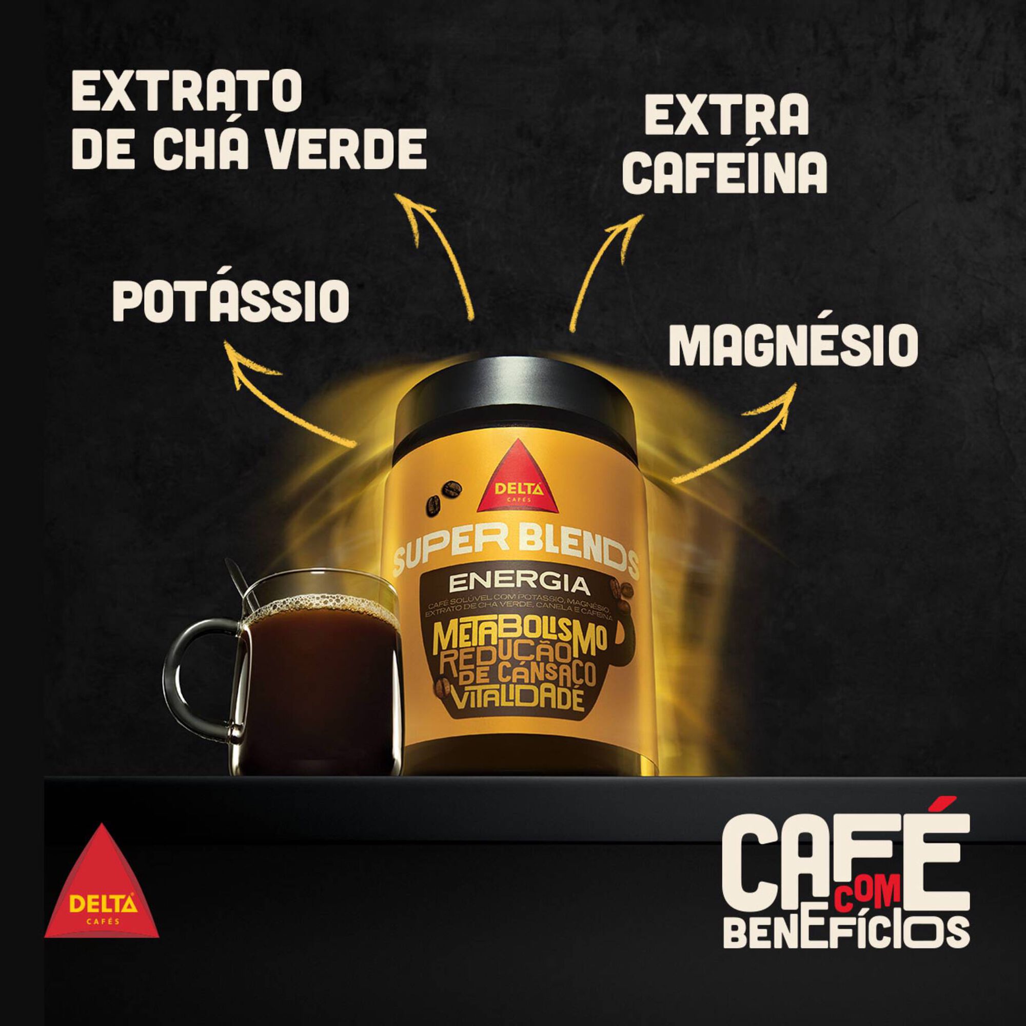 Caf&eacute; Sol&uacute;vel com Pot&aacute;ssio, Magn&eacute;sio, Extrato de Ch&aacute; Verde, Canela e Cafe&iacute;na Super Blends Delta