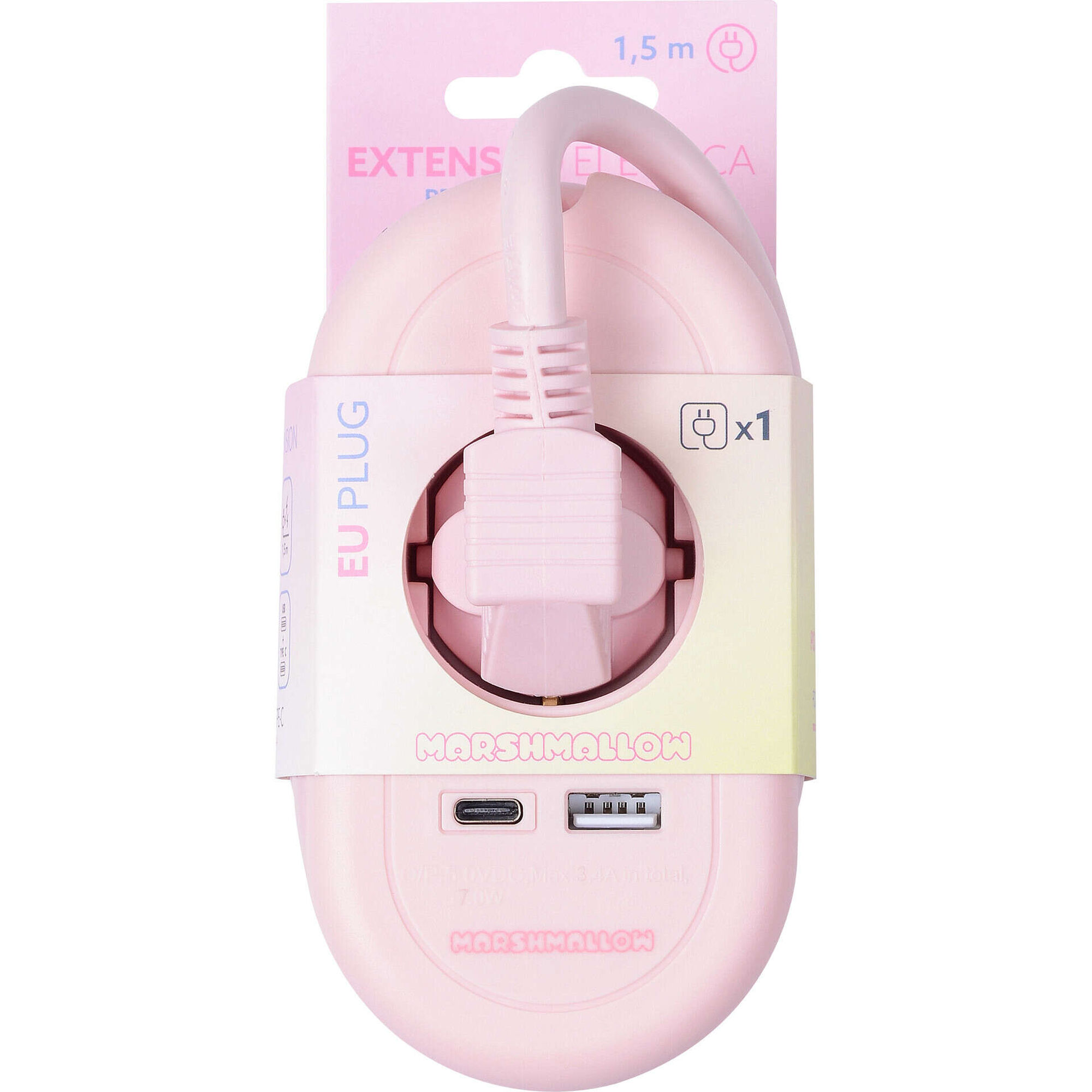 Bloco de Tomadas Travel com USB e USB-C Rosa Marshmallow