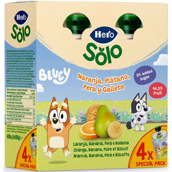 Pack Saquetas de Fruta Laranja, Banana, Pera e Bolacha Hero Solo