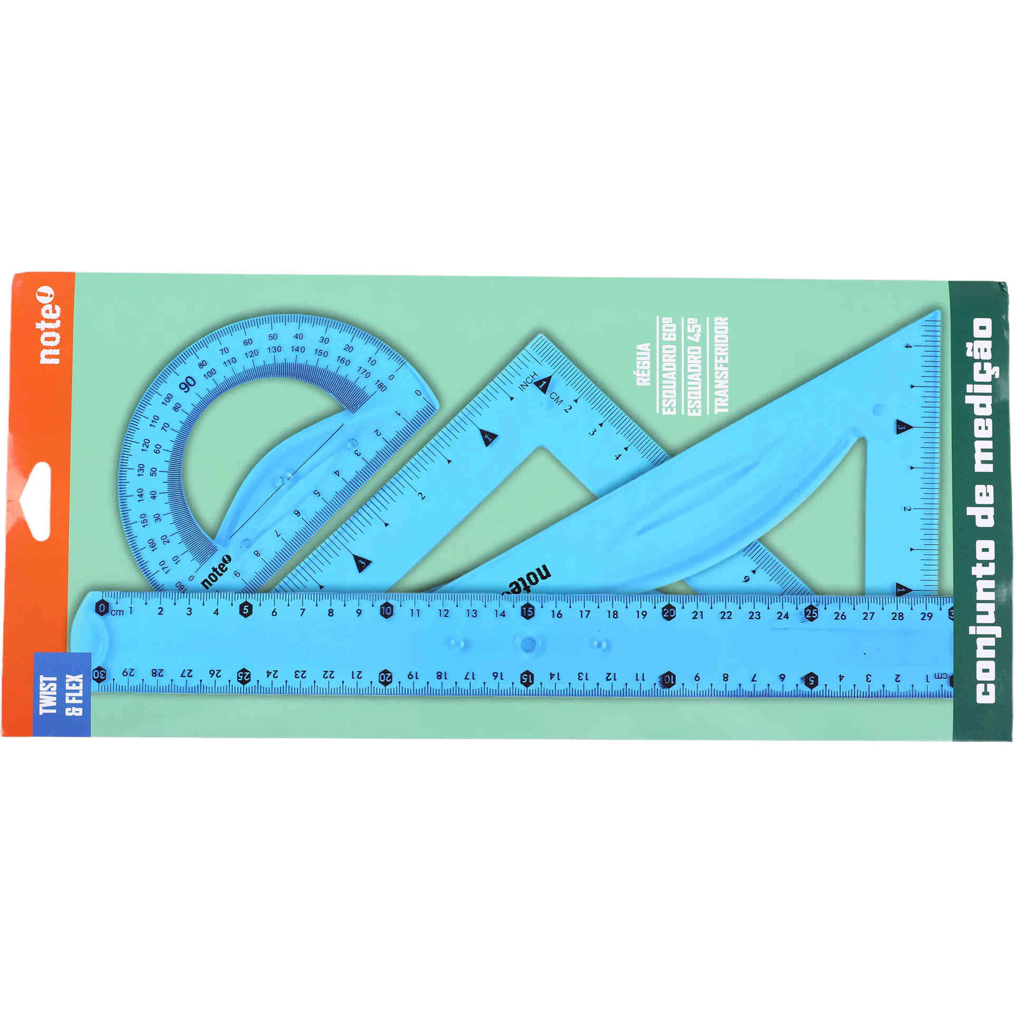 Conjunto Flex&iacute;vel R&eacute;gua 30cm, Esquadros e Transferidor (v&aacute;rias cores) Note!