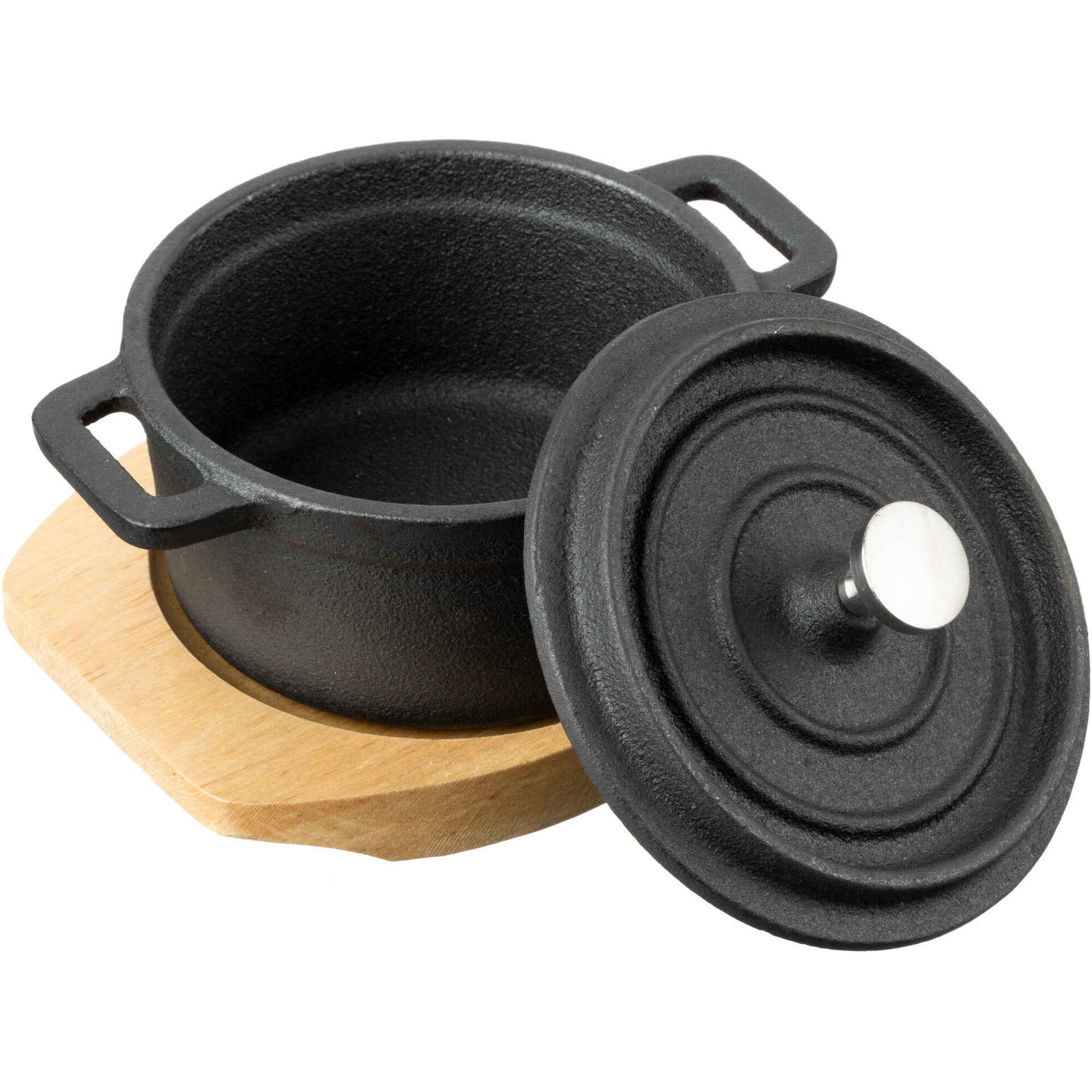 Mini Ca&ccedil;arola Ferro Preto com Base Madeira Kasa