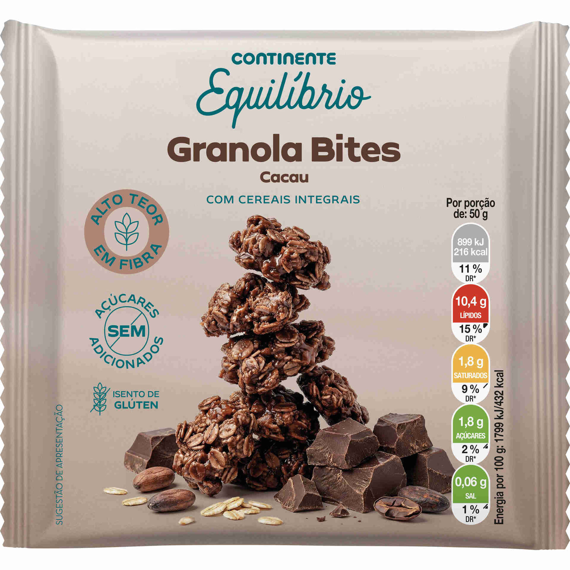 Granola Bites Cacau sem Gl&uacute;ten sem Adi&ccedil;&atilde;o de A&ccedil;&uacute;car Continente Equil&iacute;brio