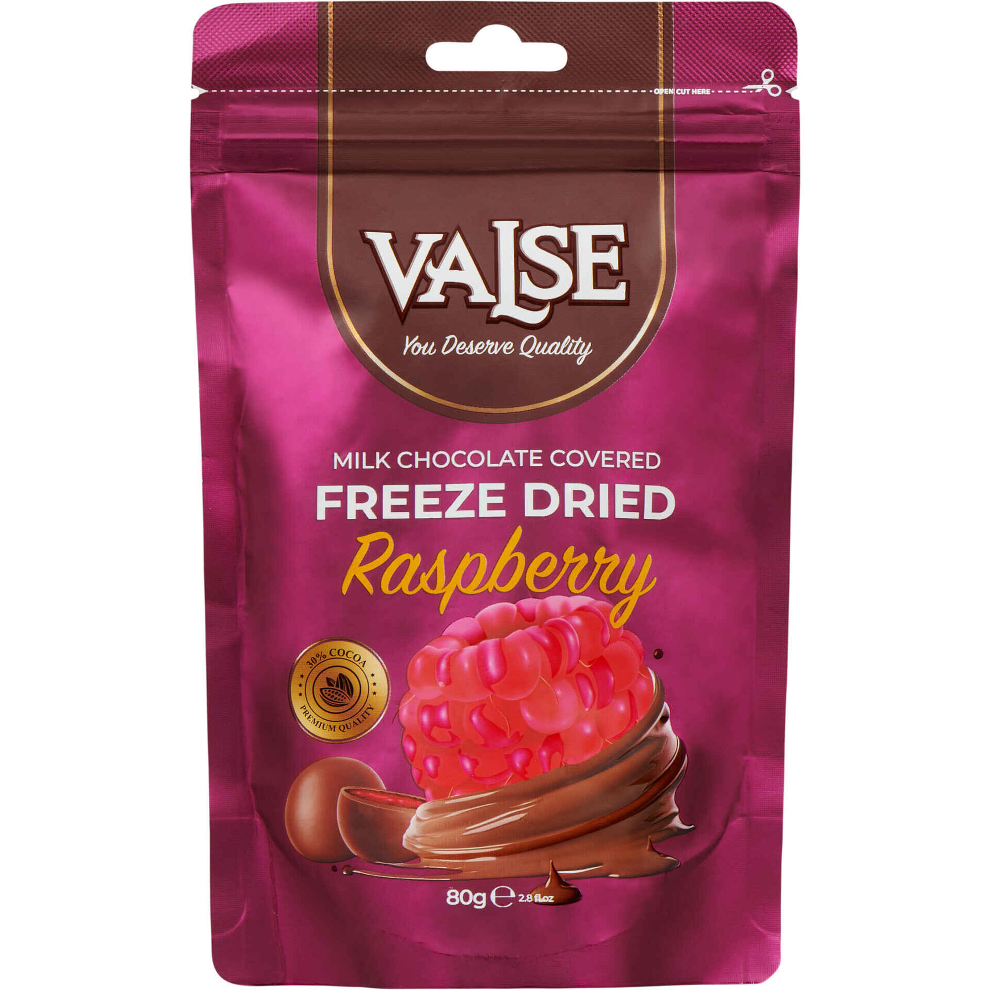Freeze Dried de Framboesa coberta com Chocolate de Leite Valse