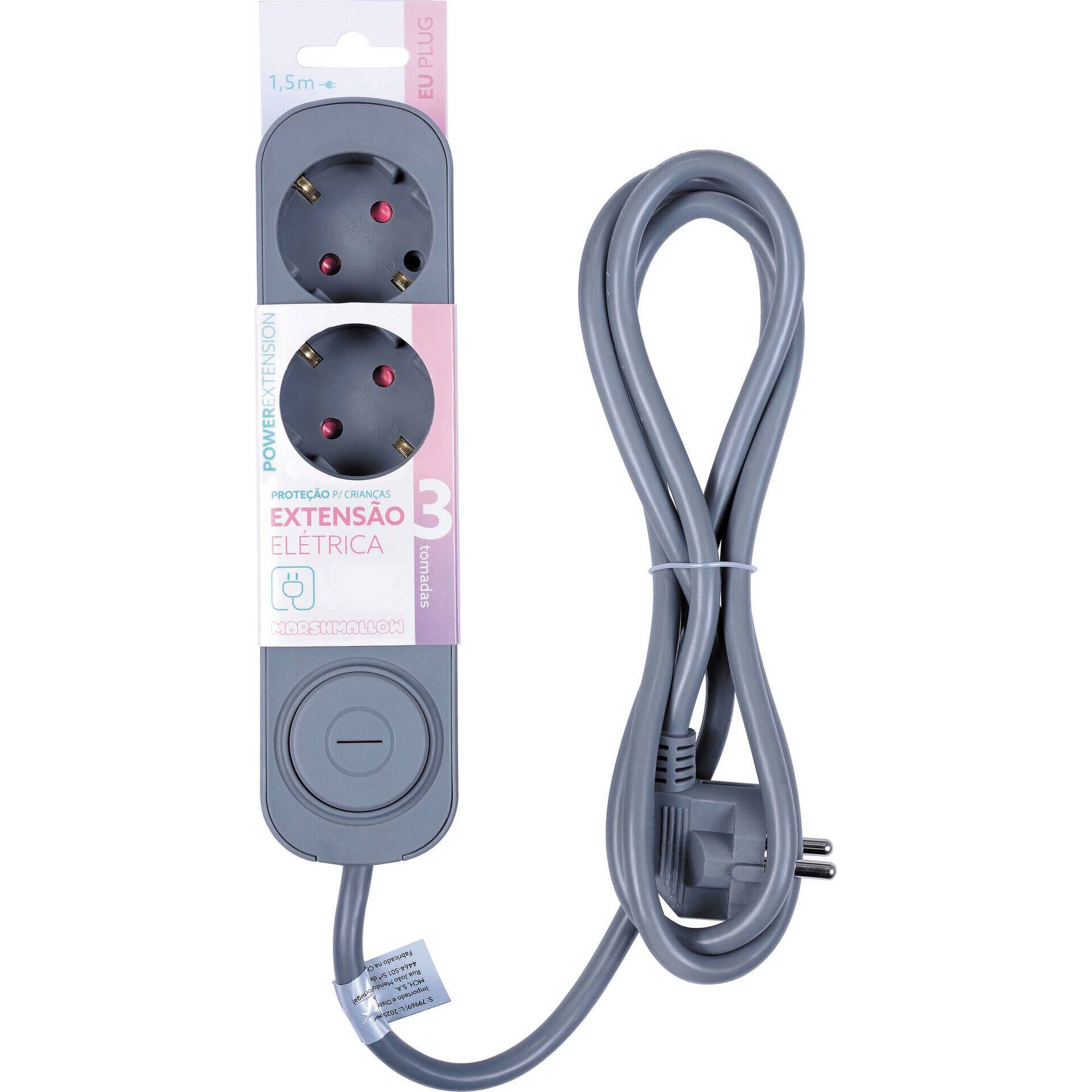 Bloco 3 Tomadas com Interruptor 1,5m Cinza Marshmallow