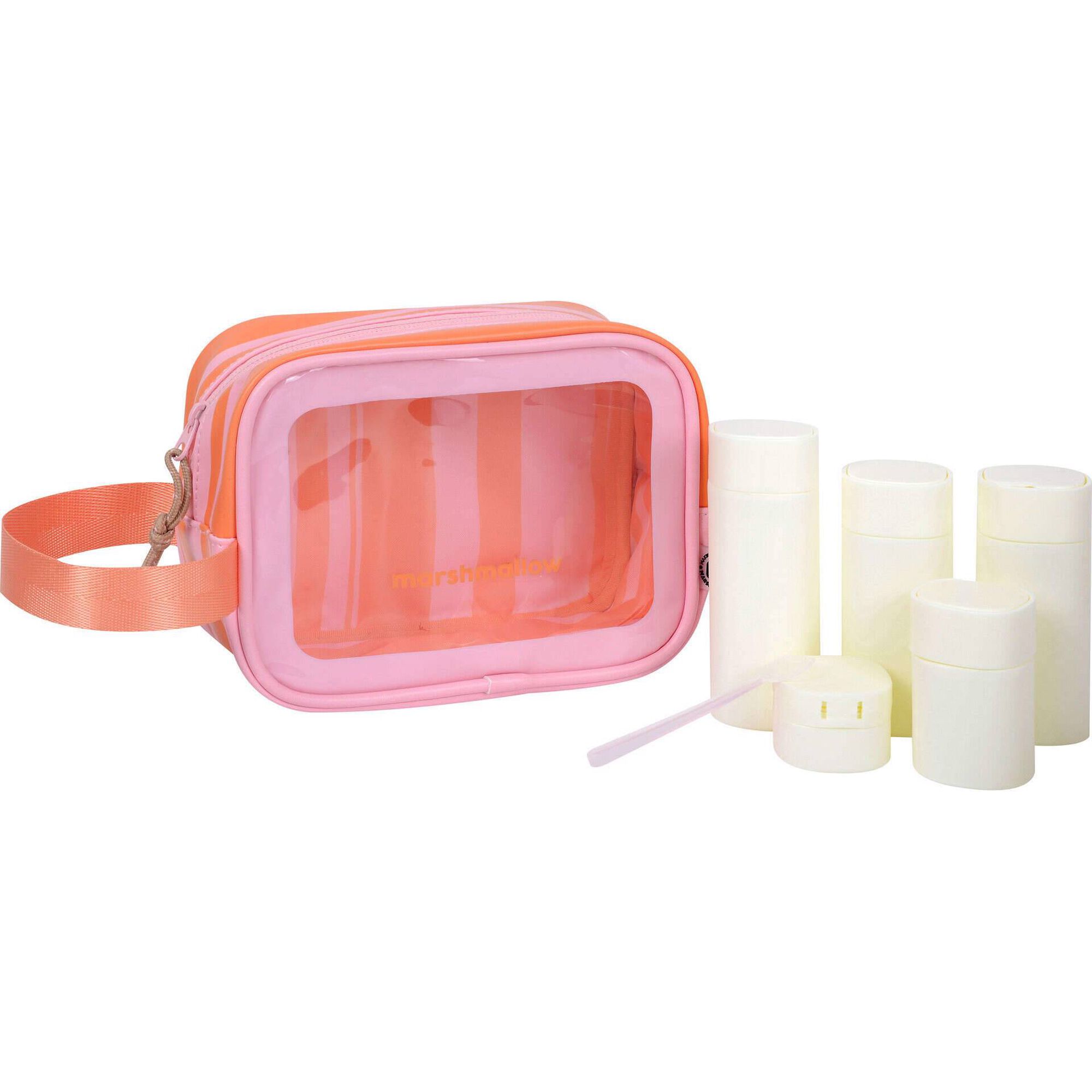 Conjunto Necessaire + 5 Frascos Reutiliz&aacute;veis Riscas Laranja e Rosa Marshmallow