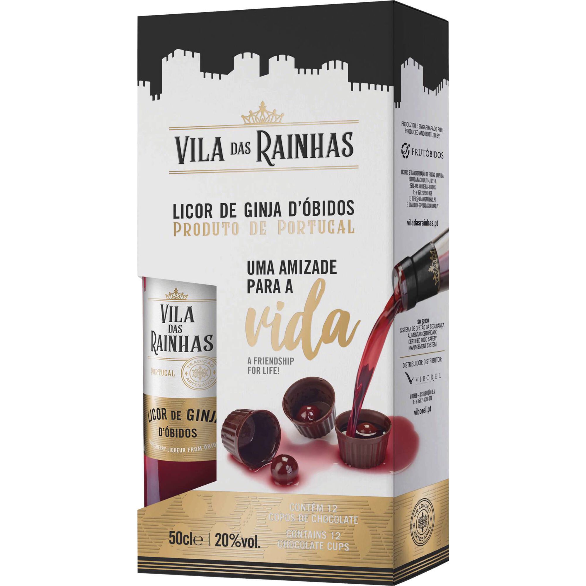 Licor de Ginja Vila das Rainhas com fruto e 12 Copos de Chocolate