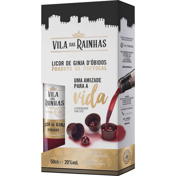 Vila das Rainhas Licor de Ginja com fruto e 12 Copos de Chocolate