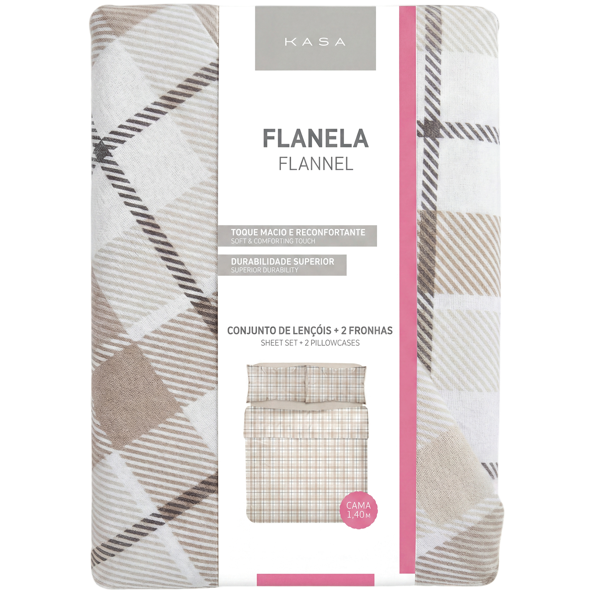 Conjunto de Len&ccedil;&oacute;is Flanela 270x220cm Quadrados Bege Kasa