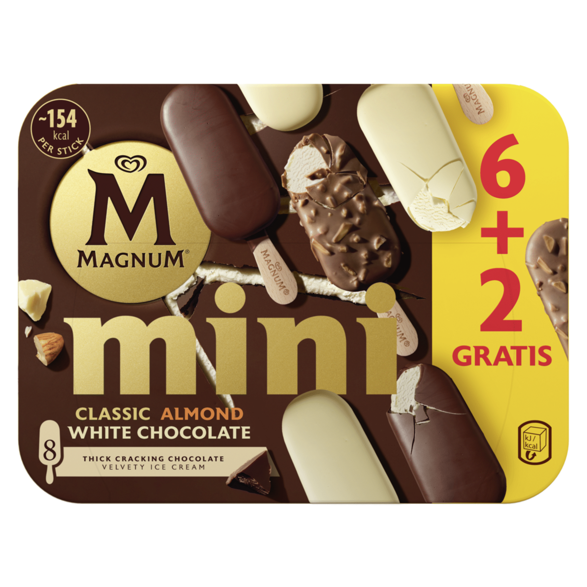 Gelado Mini Chocolate Cl&aacute;ssico, Am&ecirc;ndoa e Chocolate Branco Magnum