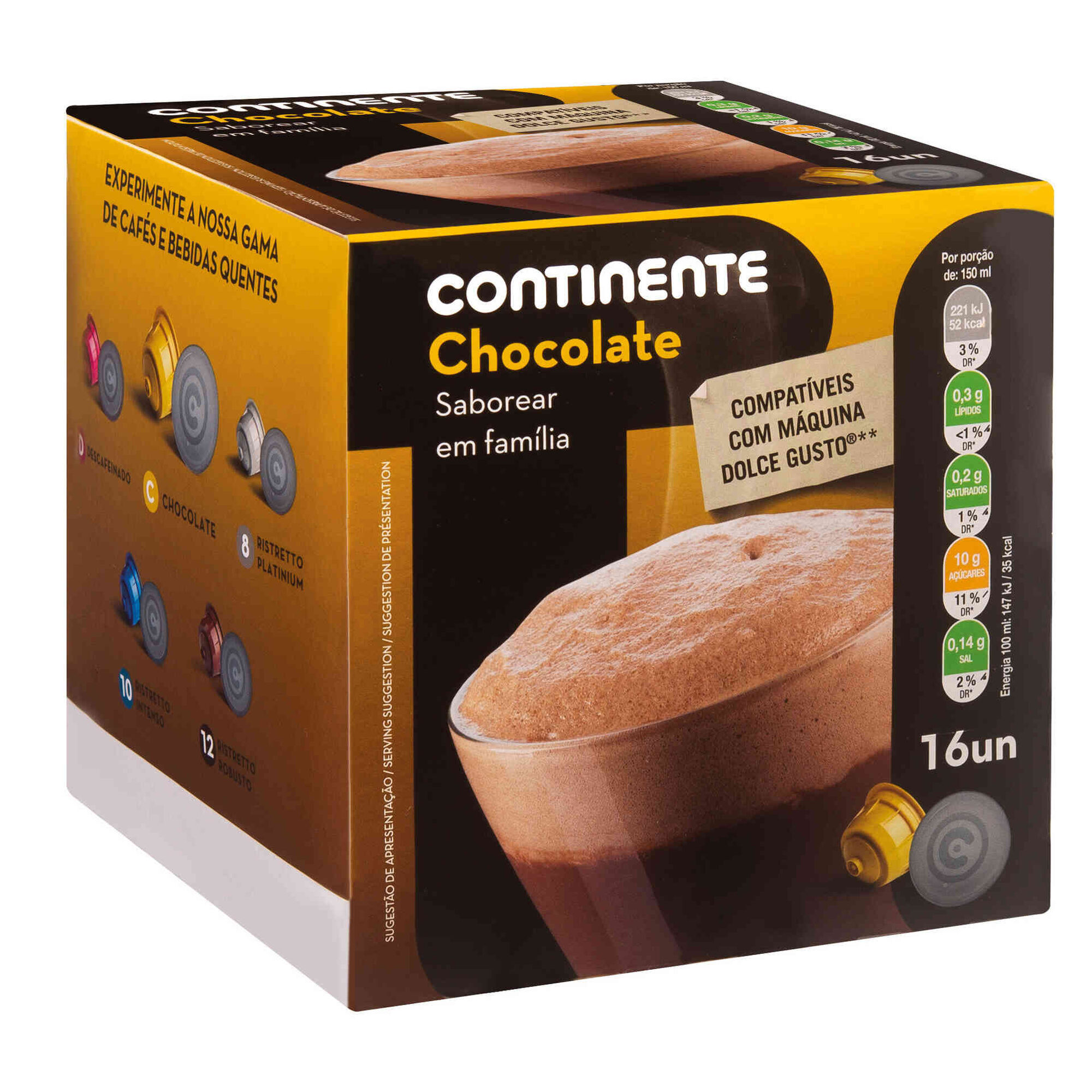 Cápsulas de Chocolate Quente emb. 16 un Continente Continente