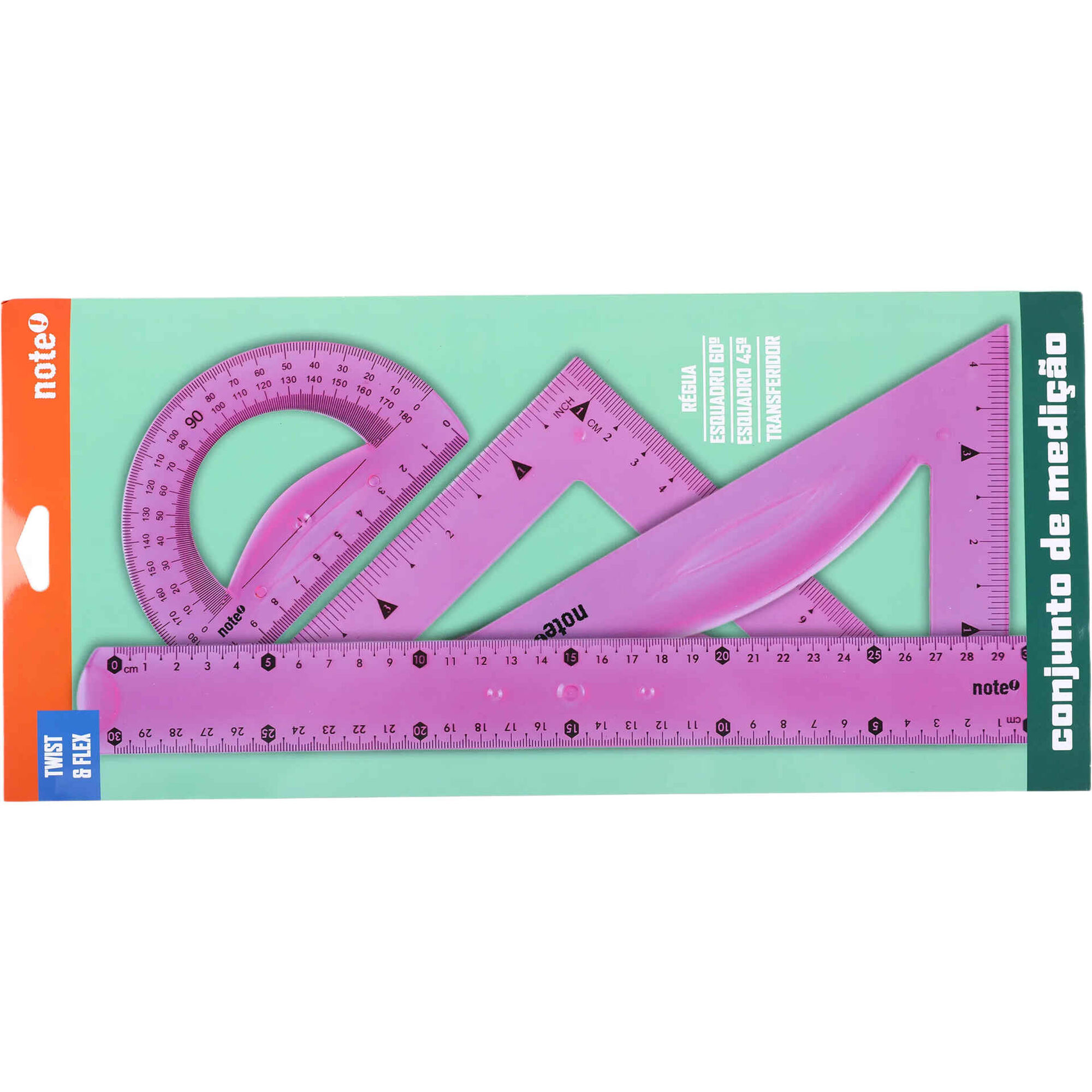 Conjunto Flex&iacute;vel R&eacute;gua 30cm, Esquadros e Transferidor (v&aacute;rias cores) Note!