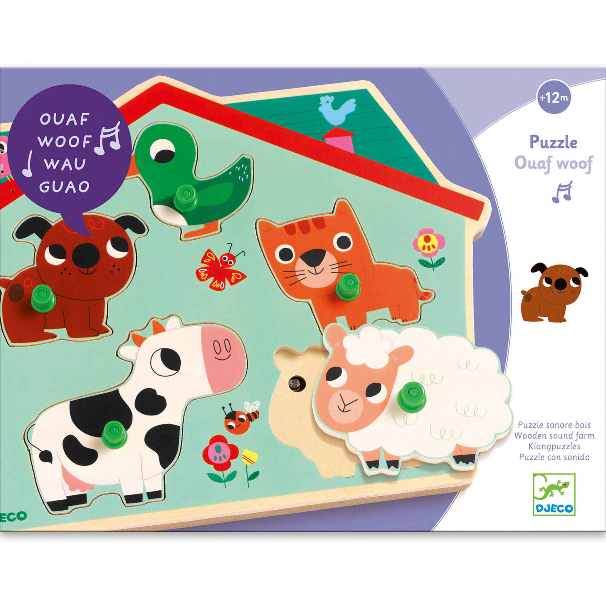 Djeco - Puzzle Sonoro de Madeira com Animais 5 Pe&ccedil;as