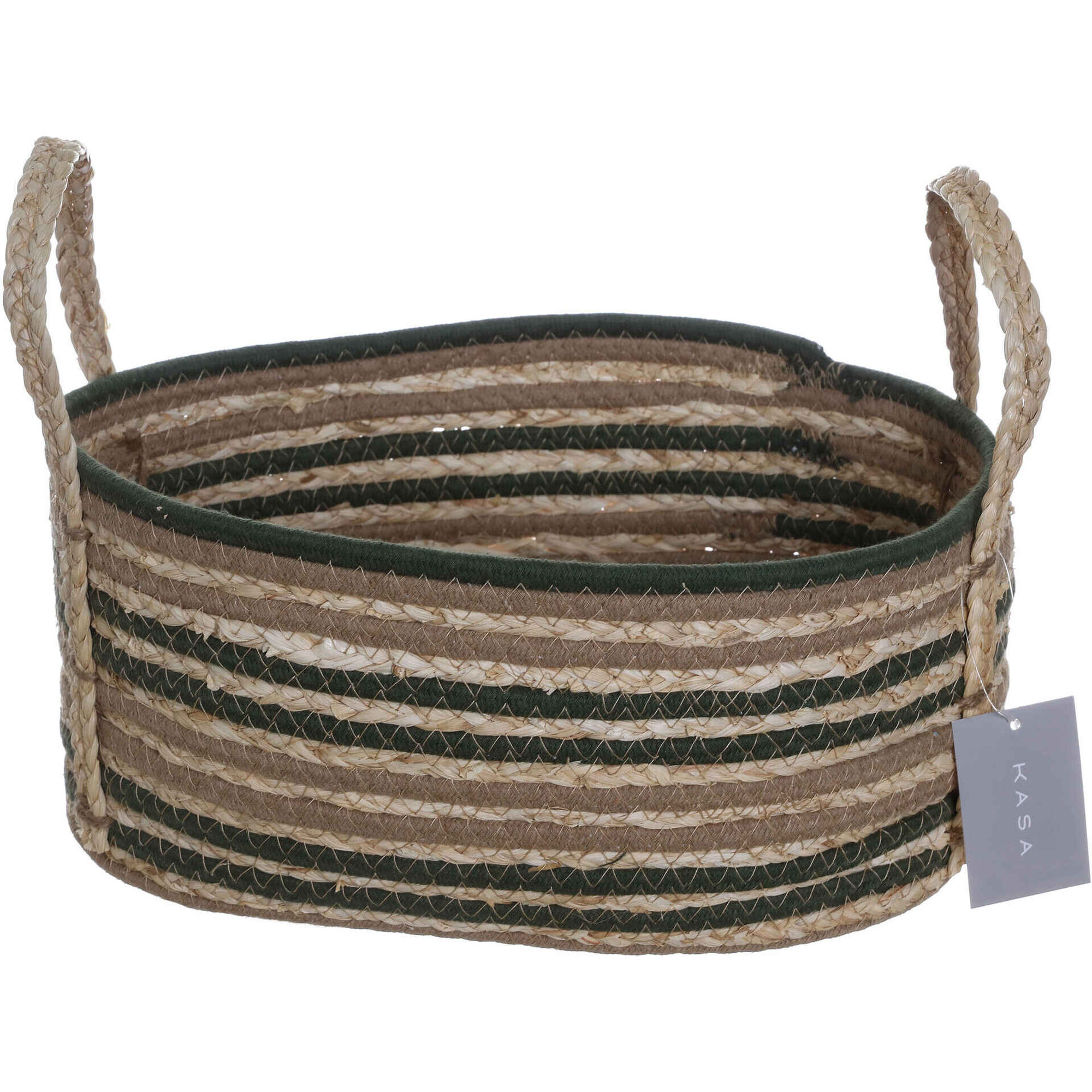 Cesto Oval com Riscas Verdes 36x24x16cm Kasa