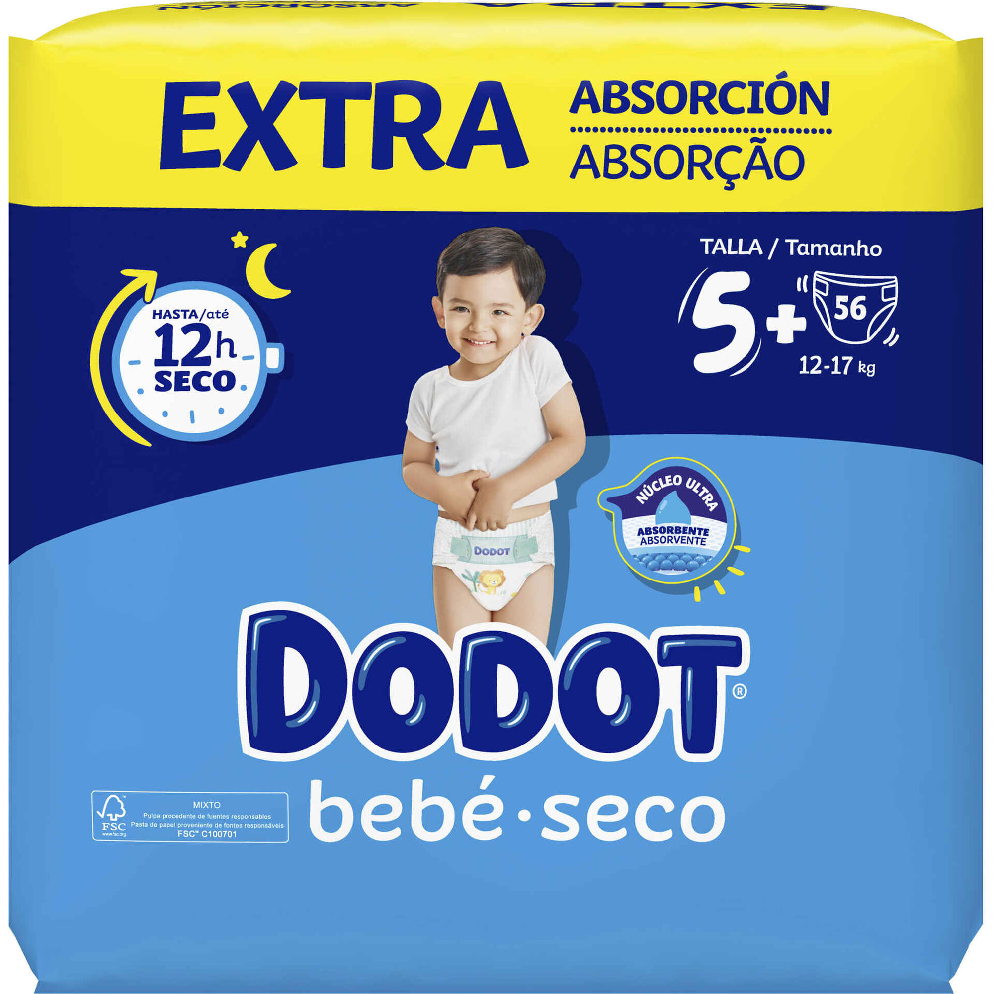 Fraldas Bebé Seco Extra 12-17kg T5+ - emb. 56 un - Dodot