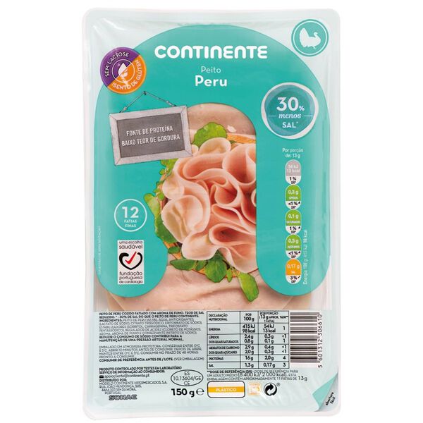 Fiambre de Peito de Peru Fatiado Baixo Teor de Sal Continente