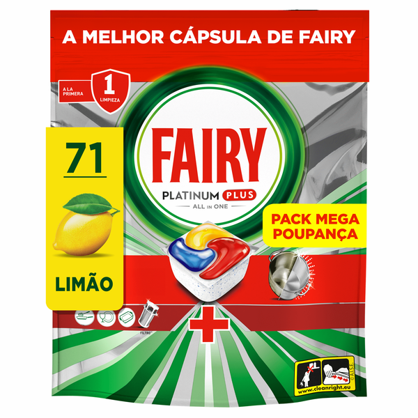 Detergente Máquina Loiça Pastilhas Platinum Plus Tudo em 1 Limão Fairy