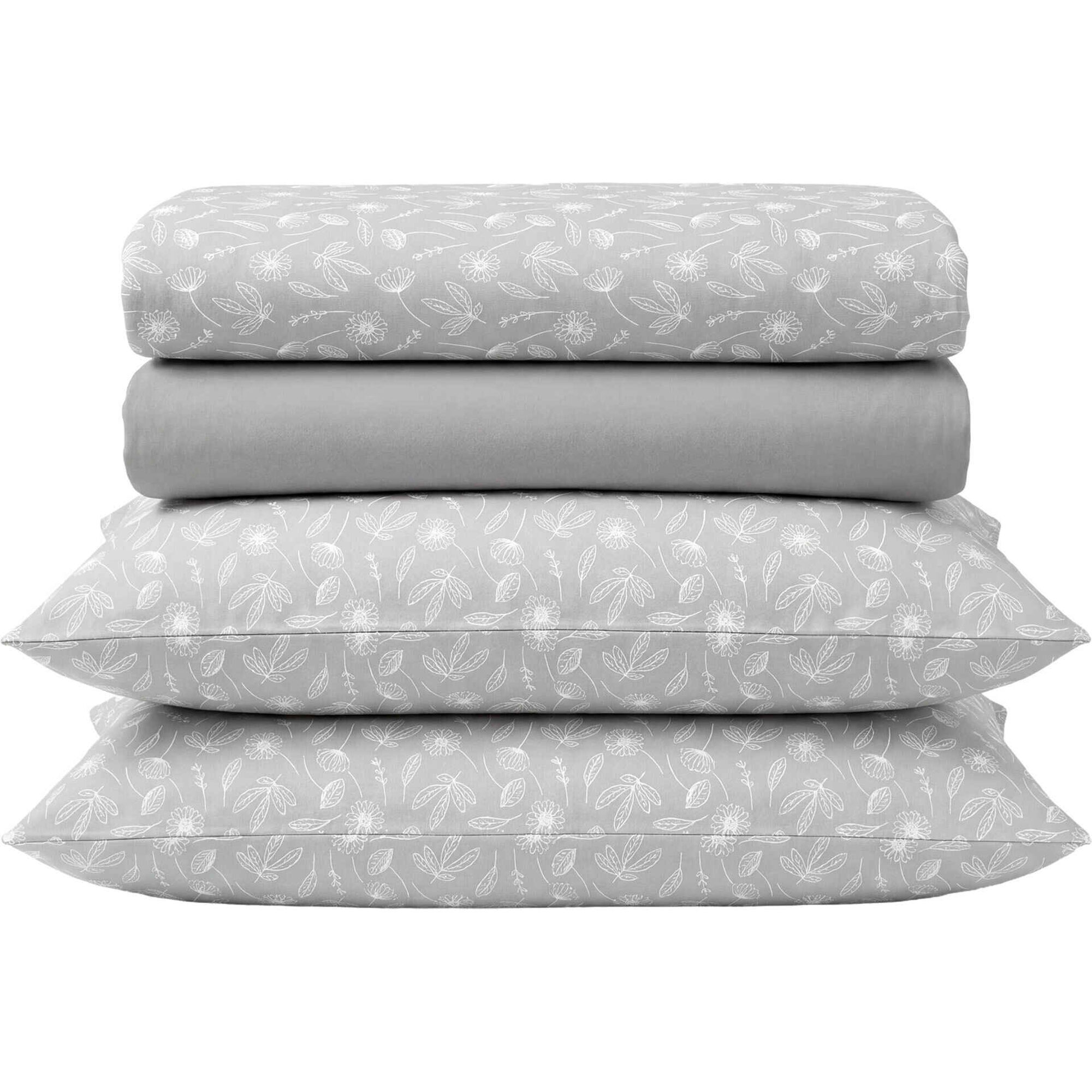 Conjunto de Len&ccedil;&oacute;is Algod&atilde;o Floral Cinza Kasa