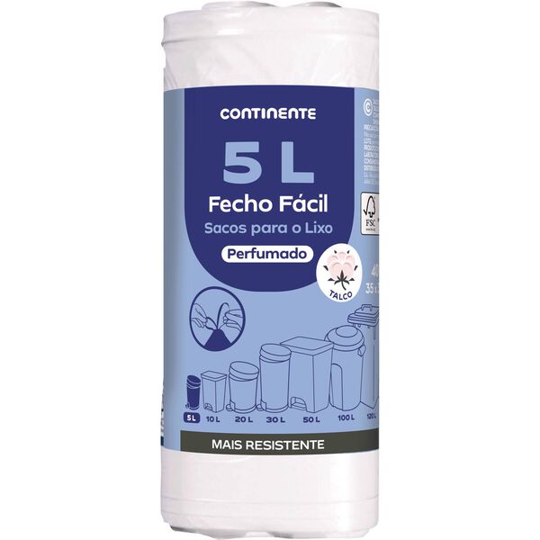 Sacos Lixo Fecho Fácil Perfumado Talco WC 5 lt Continente