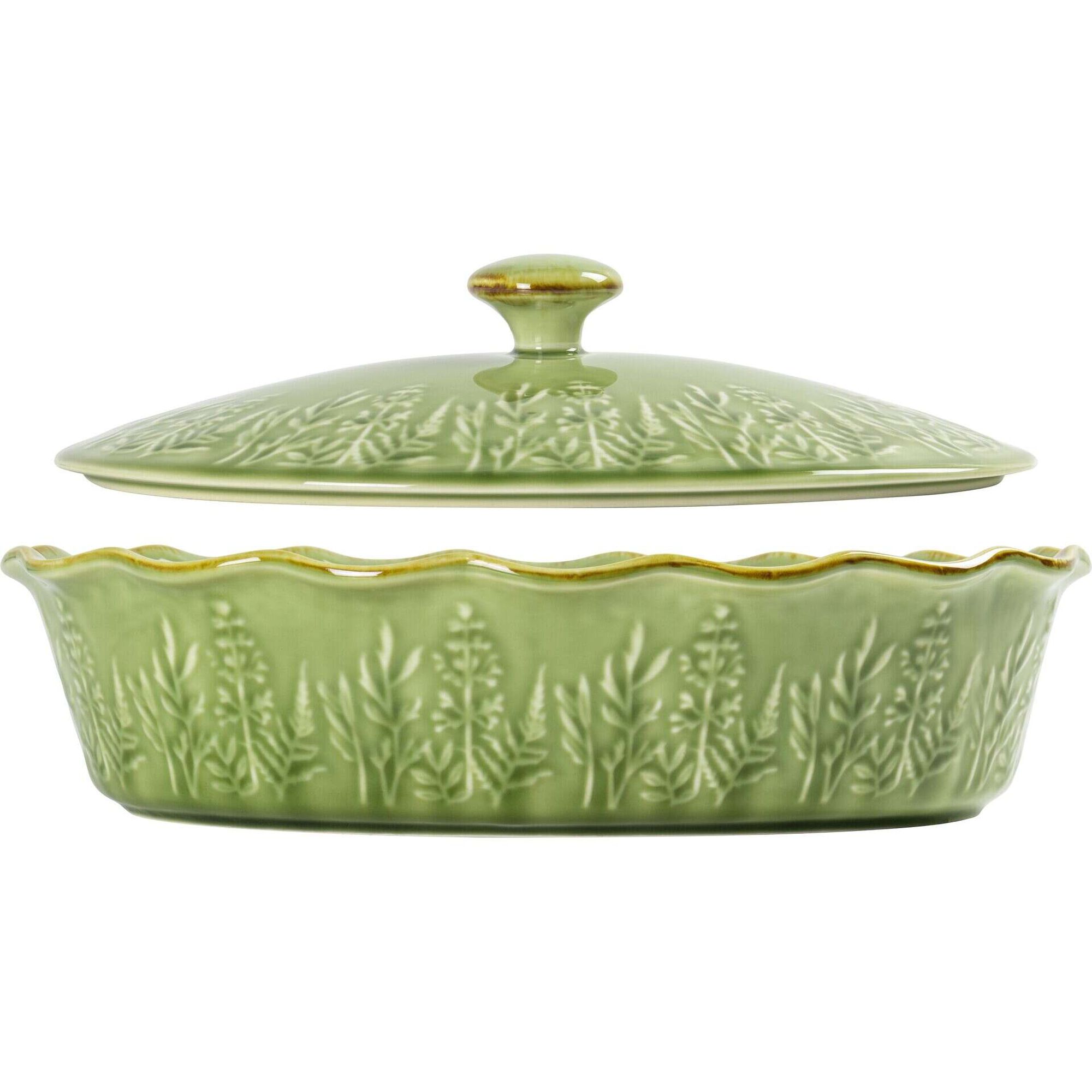 Assadeira Oval com Tampa Folhas Verde Claro Kasa