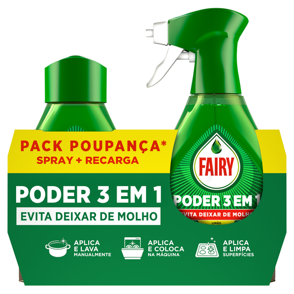 Detergente Manual Loiça Spray Poder 3 em 1 + Recarga Fairy