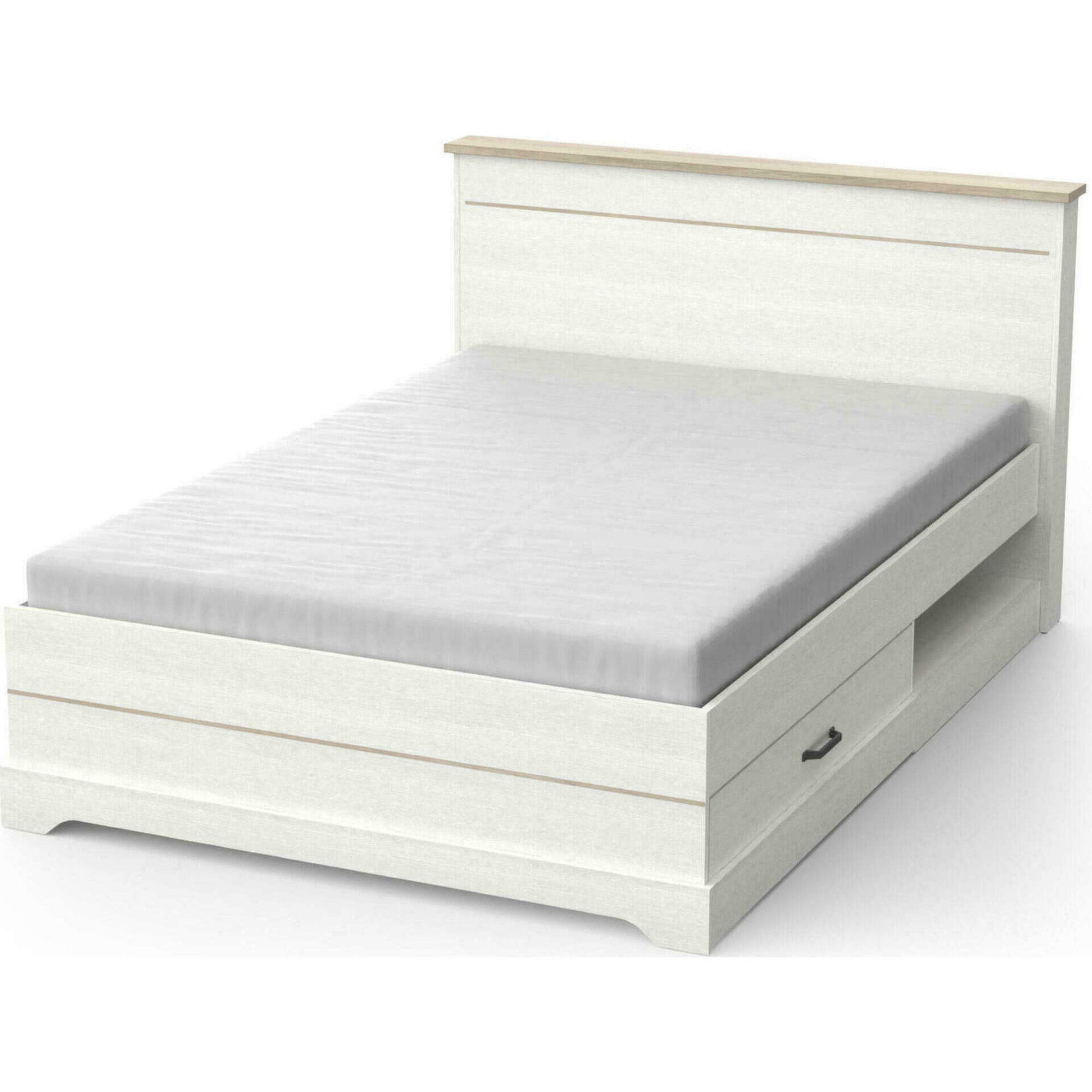 Cama Casal com 2 Gavetas 153x215x102cm Branca e Carvalho Cottage