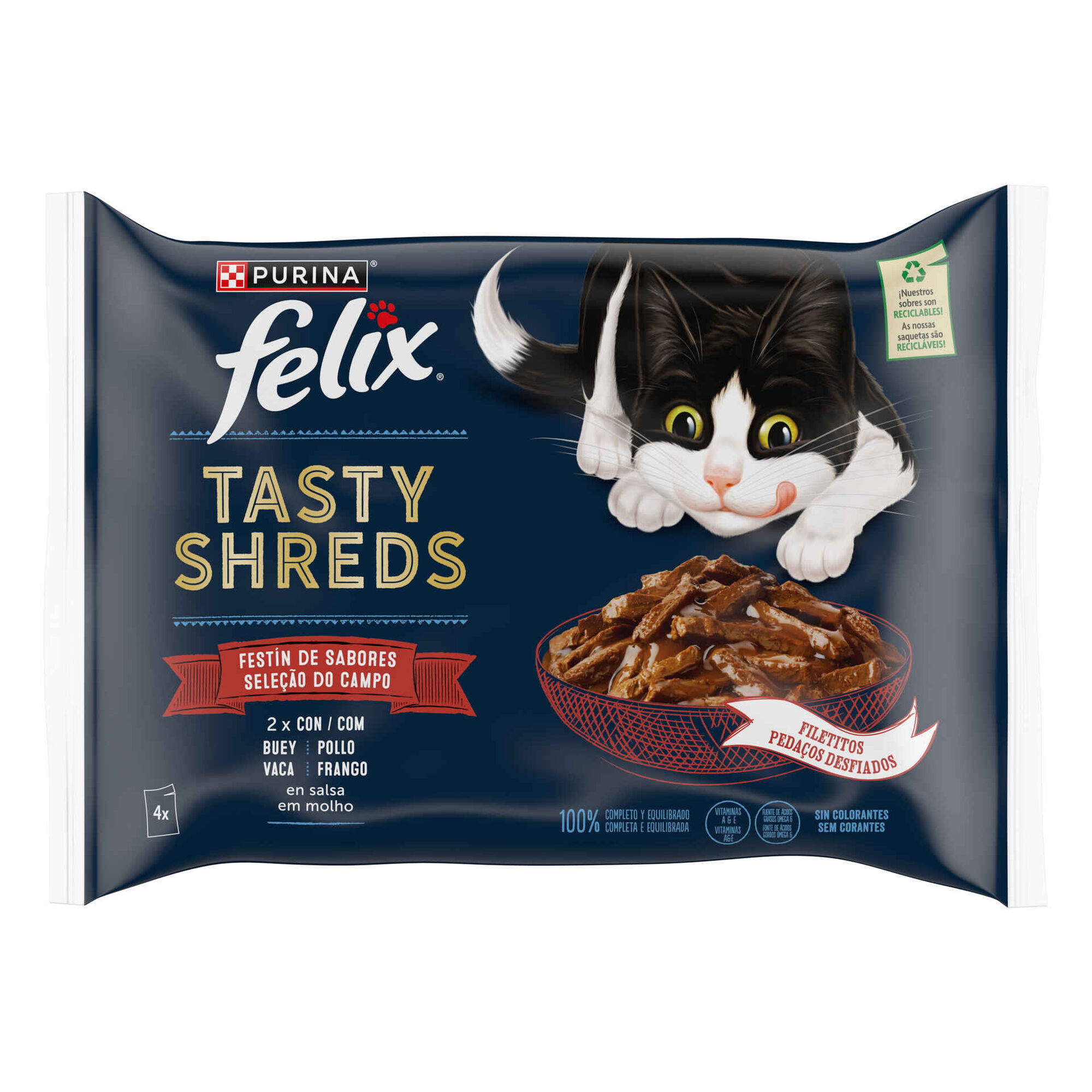 Comida Húmida para Gato Tasty Shreds Seleção do Campo Vaca e Frango