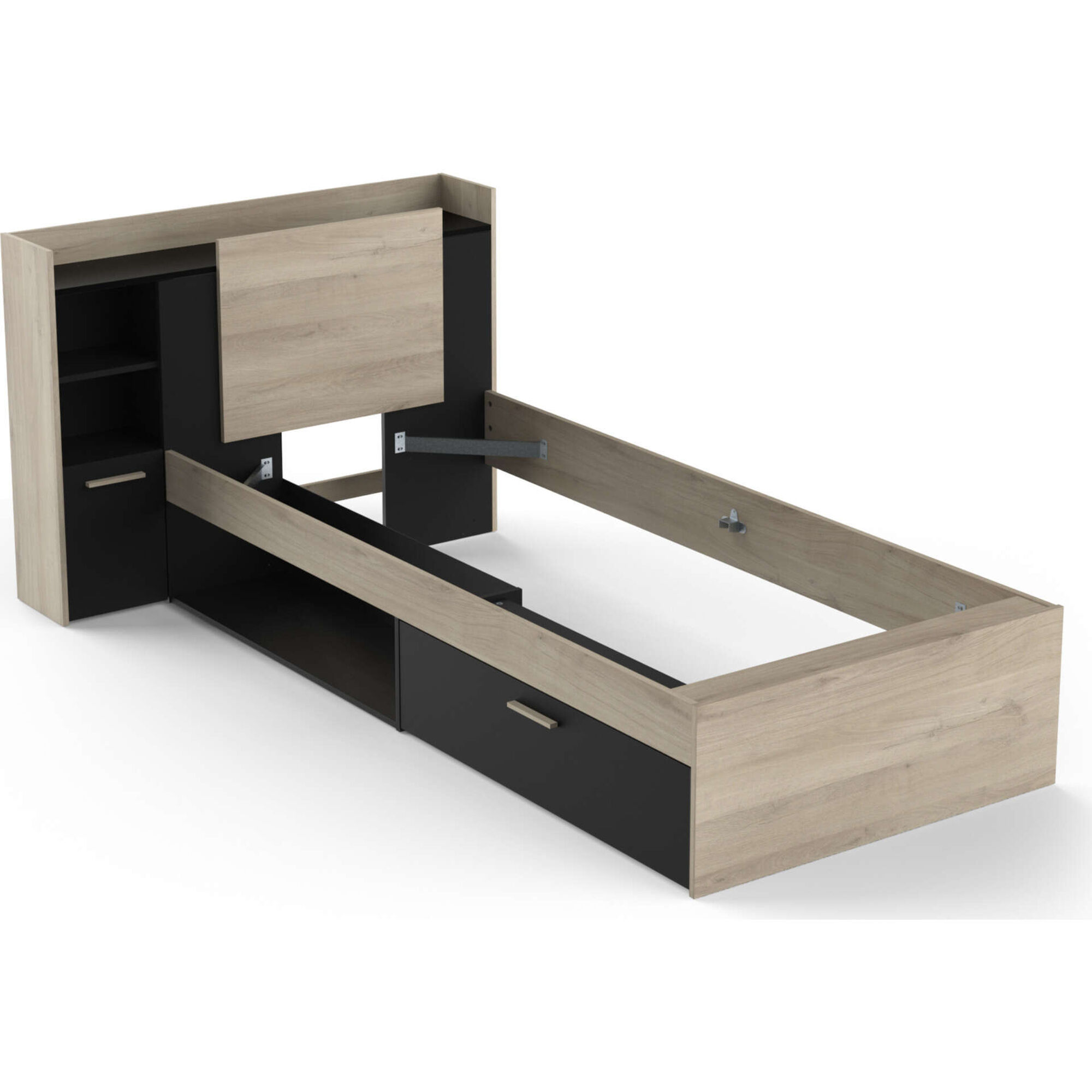 Cama Solteiro 125x227x91cm Preta e Carvalho Life