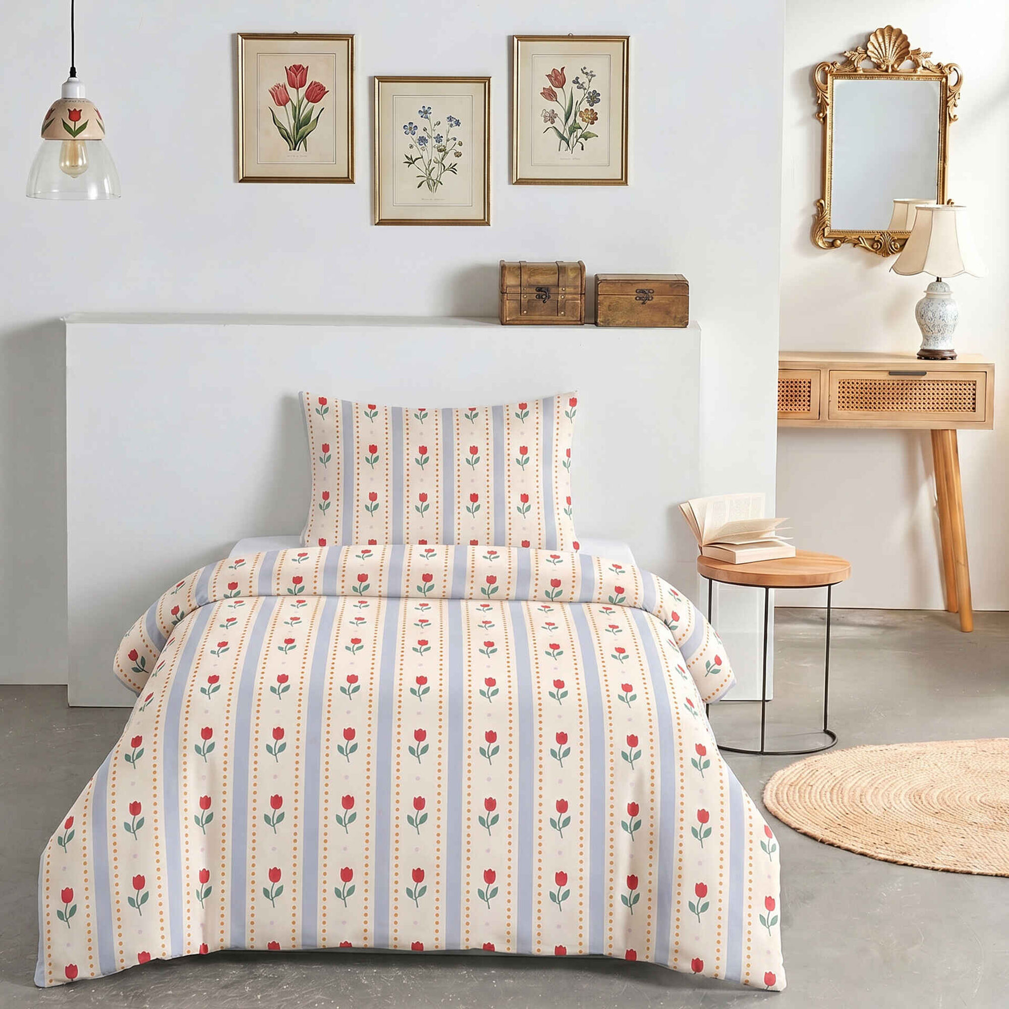 Conjunto Capa de Edred&atilde;o e Fronha 220x160cm Tulipas Rustic Country Kasa