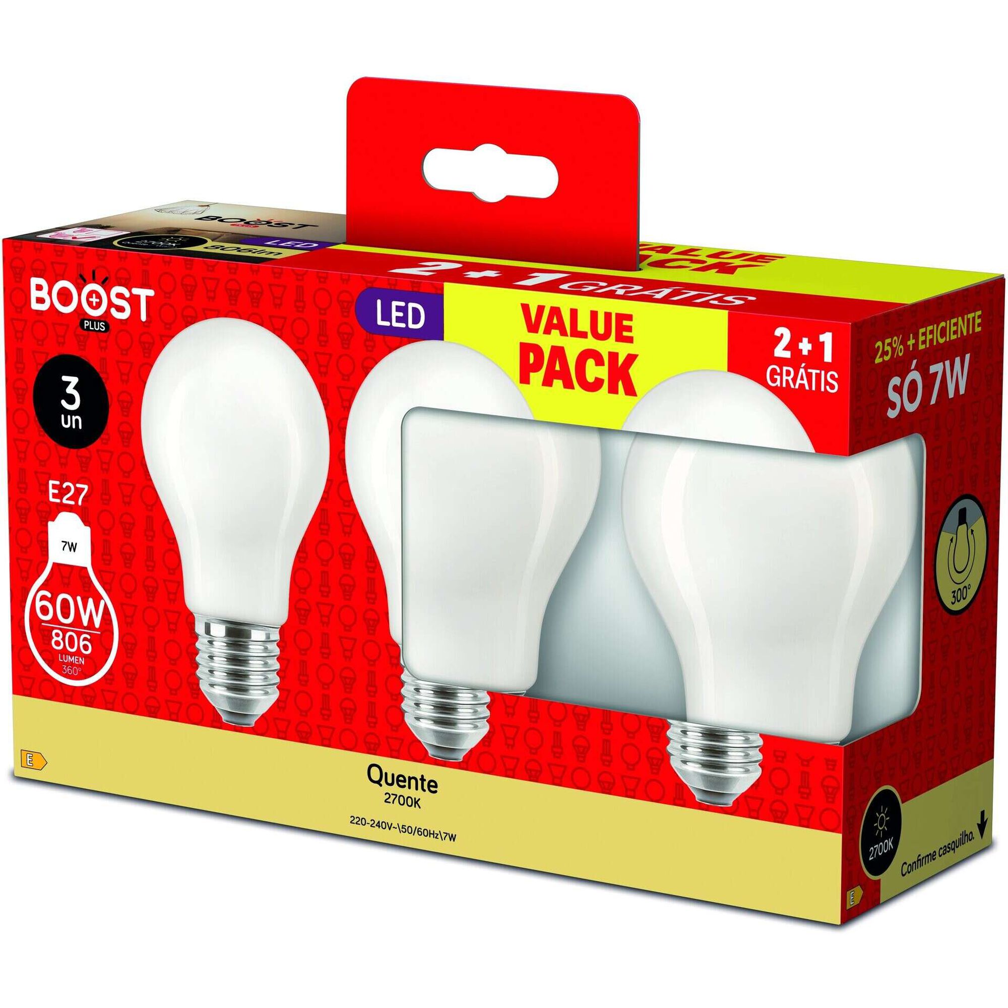 Conjunto 3 L&acirc;mpadas LED Standard E27 2700K 60W Boost