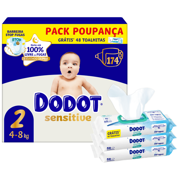 Conjunto Fraldas Sensitive 4-8kg T2 e Toalhitas Bebé Aqua Pure Dodot