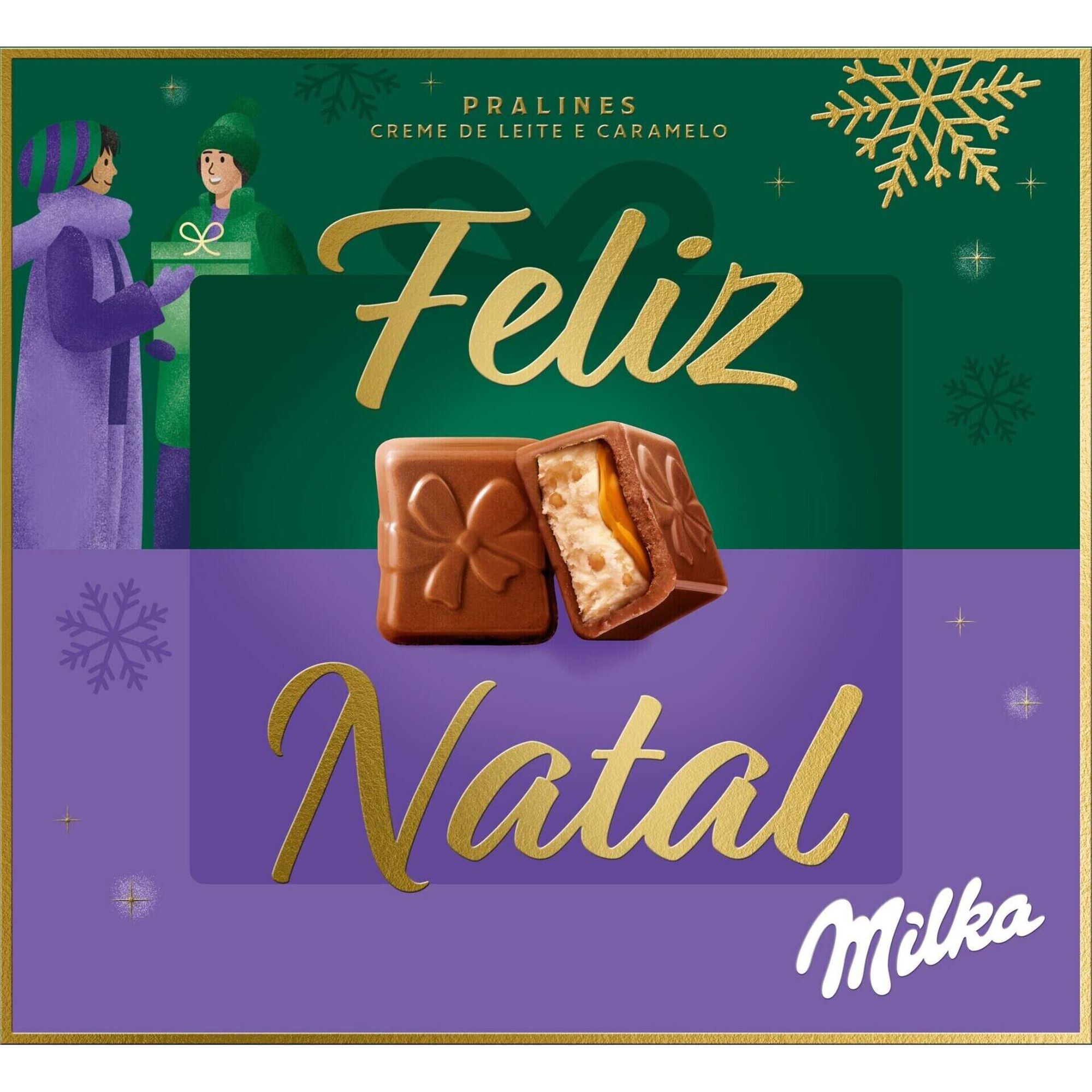 Bombons de Chocolate Pralin&eacute; Creme de Leite e Caramelo Feliz Natal Milka