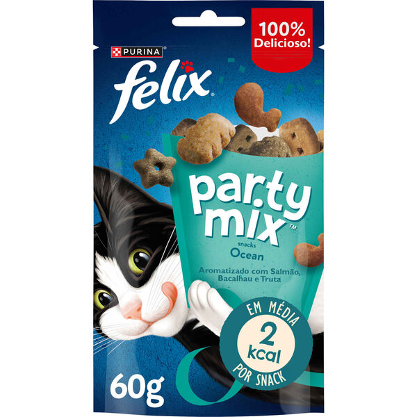 Snack para Gato Adulto Party Mix Ocean Salmão, Pescada e Truta Purina Felix