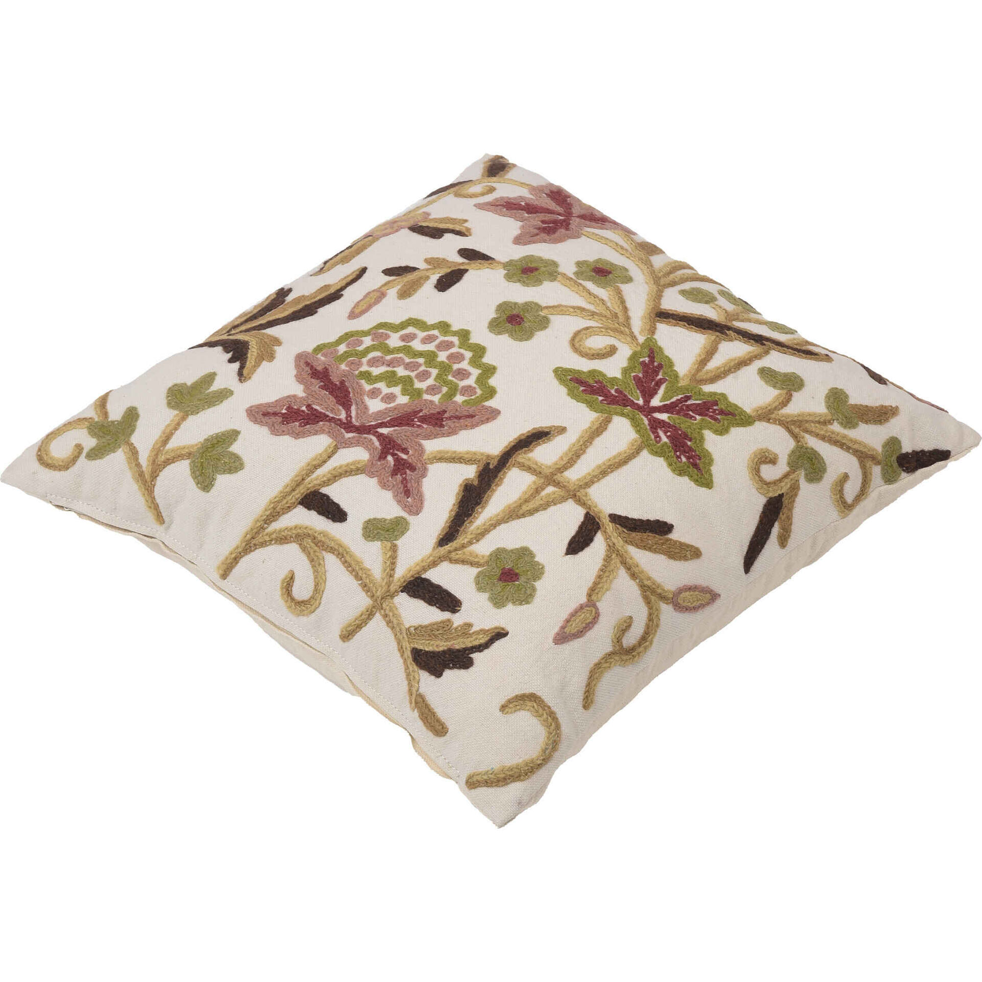 Almofada 45x45cm Bordada Flores Rosa e Verde