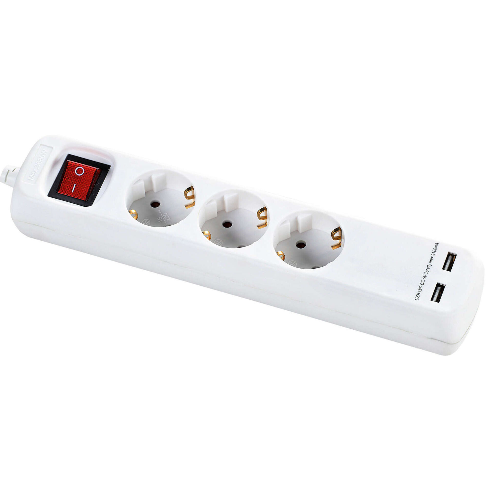 Bloco 3 Tomadas e 2 Entradas USB com Interruptor 2m Branco Bloco 3 Tomadas e 2 Entradas USB com Interruptor 2m Branco