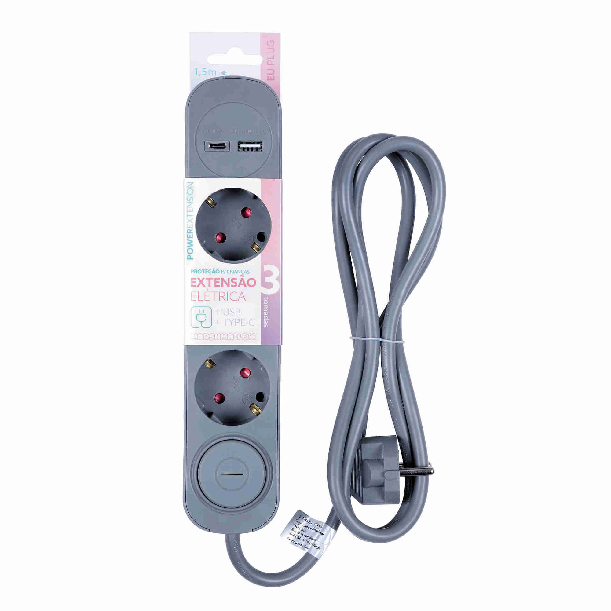 Bloco 3 Tomadas, 1 USB e 1 Type-C 1,5m Cinza Marshmallow