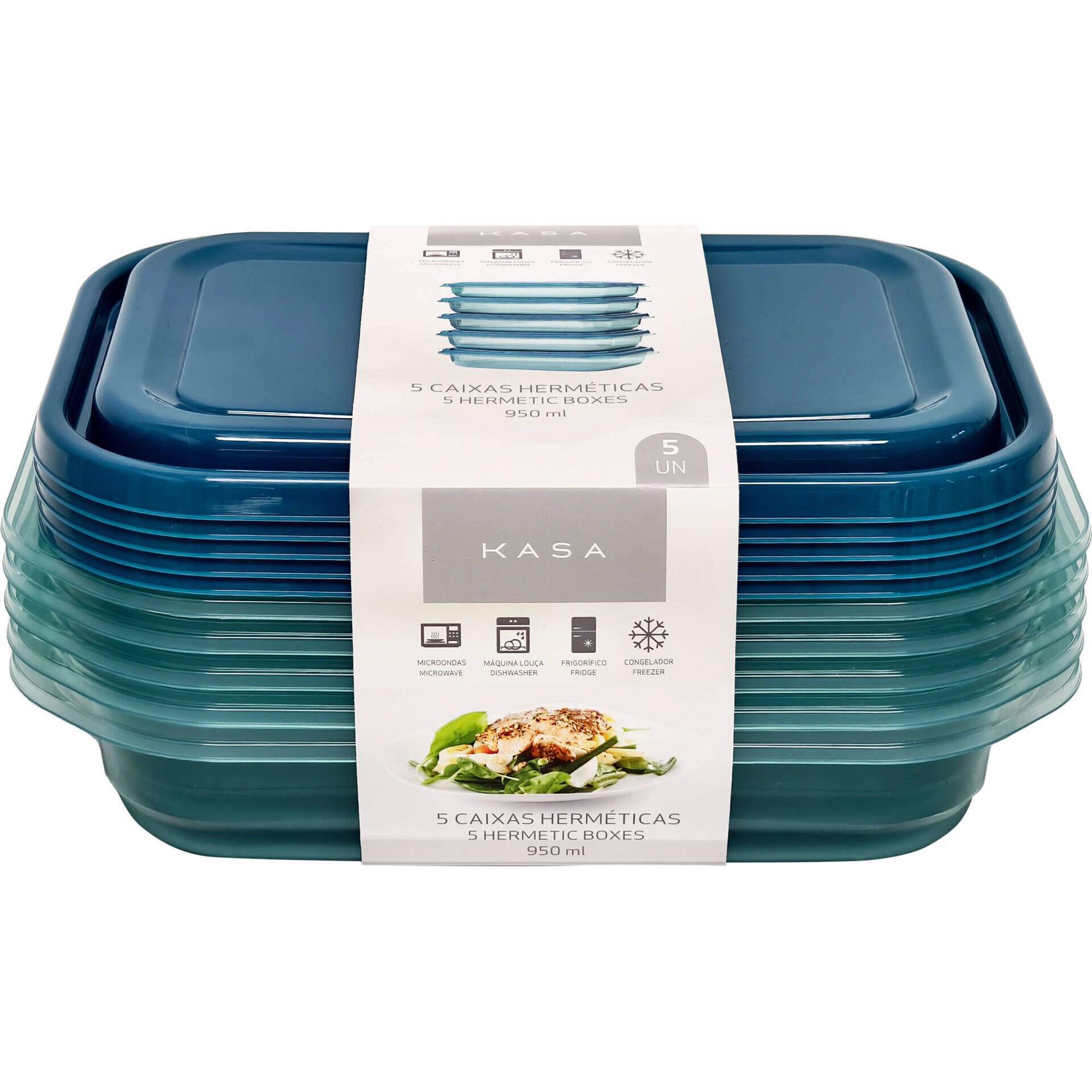 Conjunto 5 Caixas Retangulares Flex&iacute;veis 950ml Azuis Kasa
