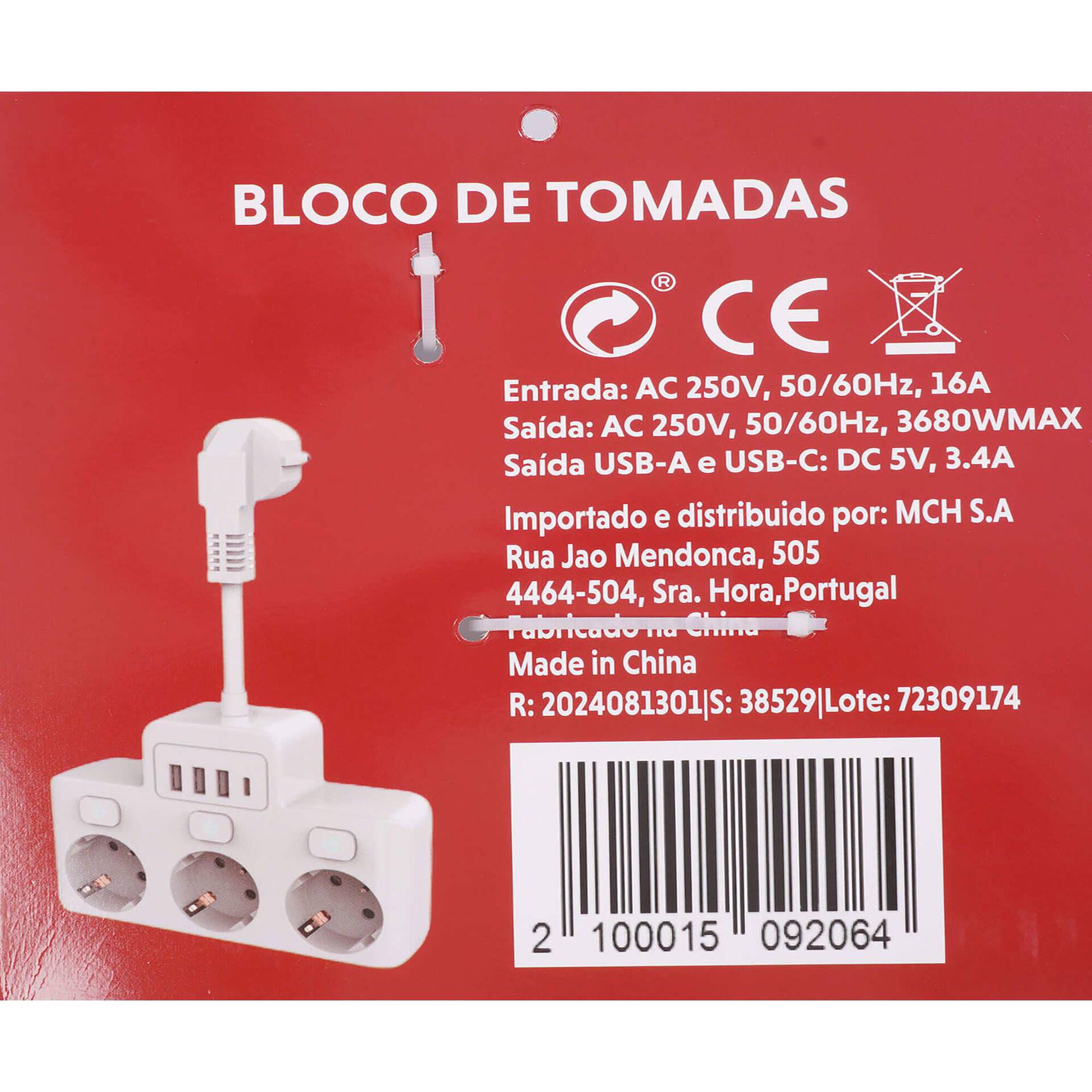Bloco de Tomadas com 3 Entradas AC e 3 USB Bazar&atilde;o
