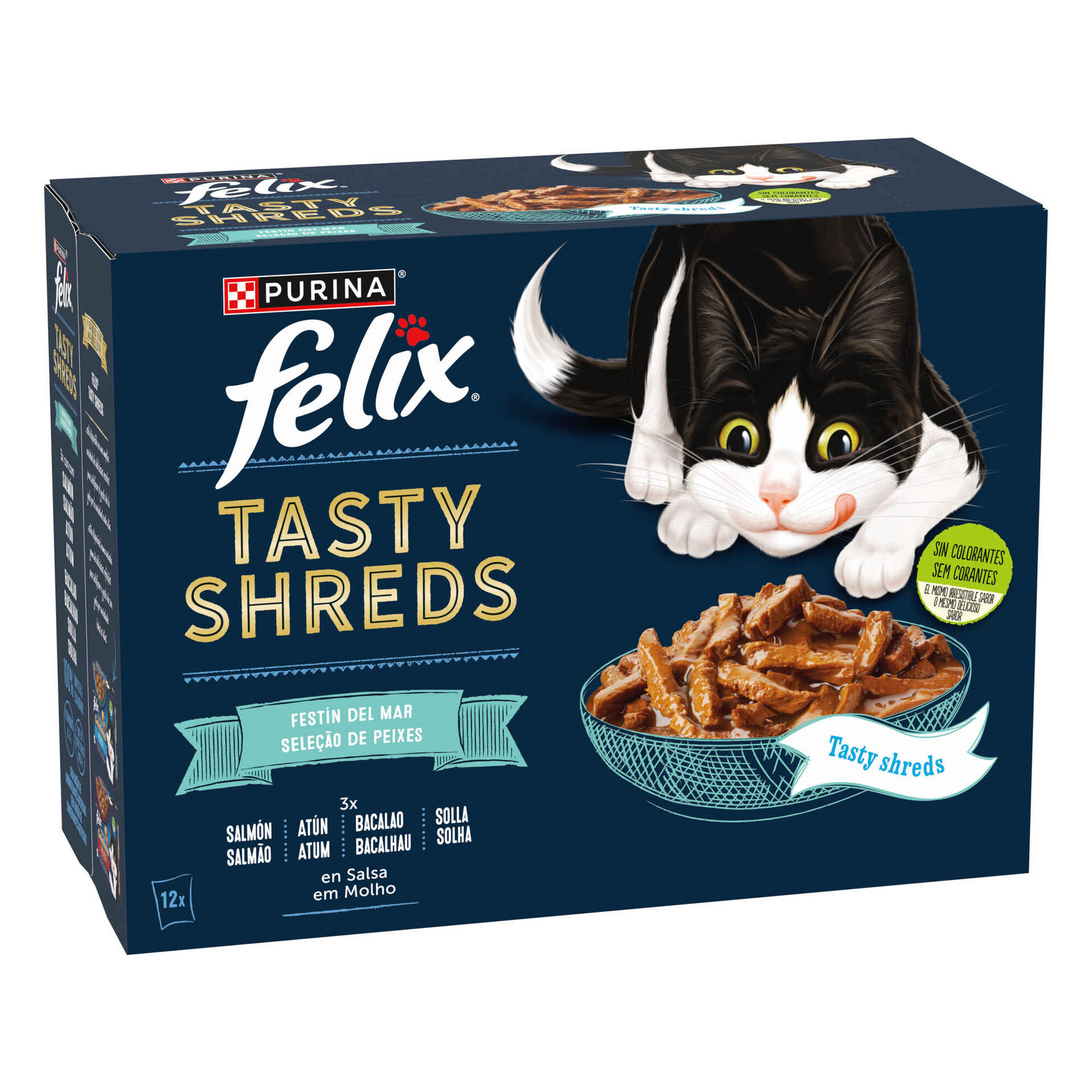 Comida Húmida para Gato Tasty Shreds Seleção Peixes Salmão Atum Bacalhau e Solha