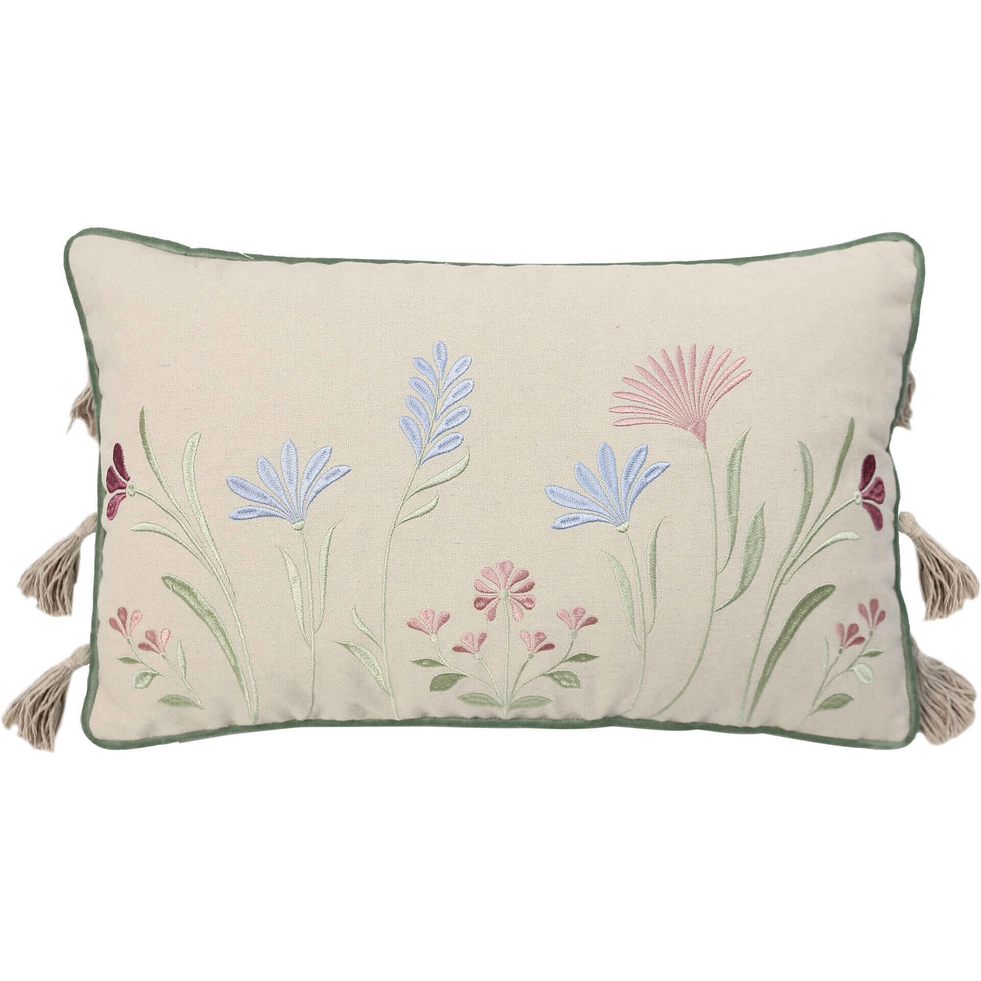 Almofada 30x50cm Flores Bordada Cru Plantópia